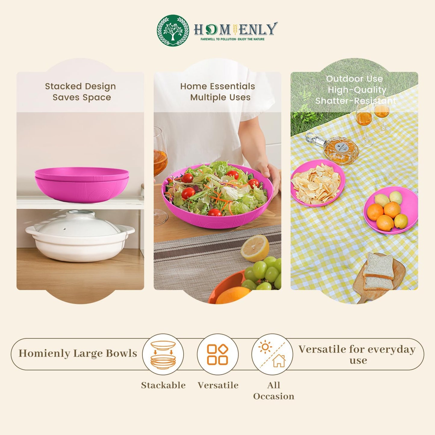 Wheat Straw Large Salad Bowls - 60 OZ Unbreakable Serving Bowls for Kitchen, Camping, and Parties - Microwave and Dishwasher Safe - Lightweight Pink Bowls for Fruits and Salads