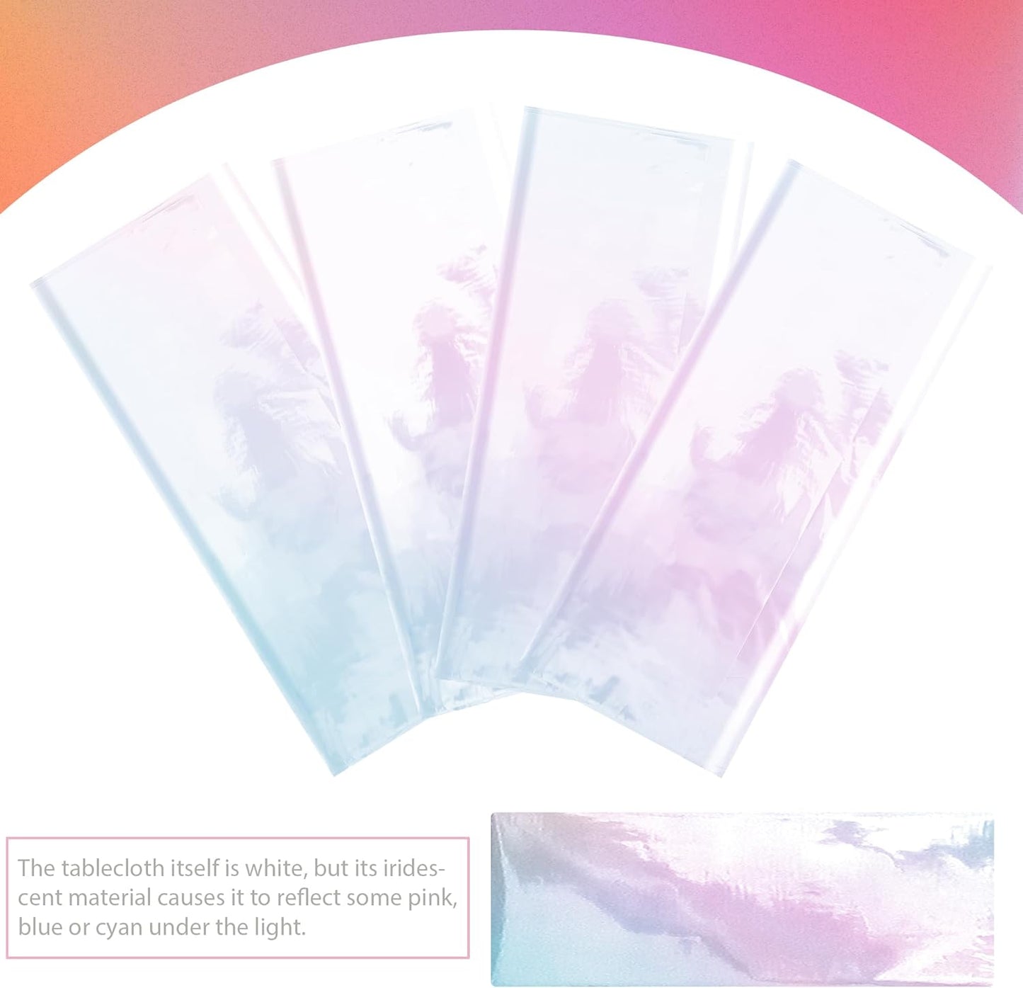 Set of 4 White Iridescent Disposable Tablecloths - 40 x 108 inches - Shiny Holographic Plastic Covers for Party, Wedding, and Banquet Decor