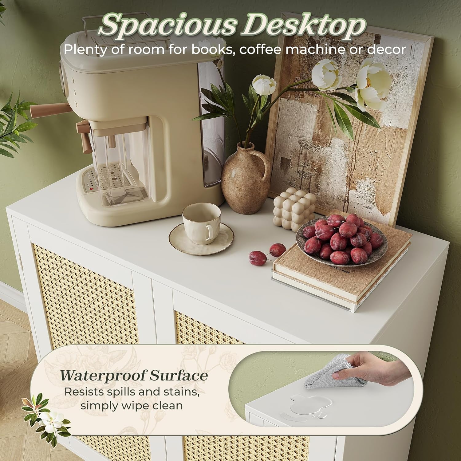 Buffet Cabinet with Storage and PE Rattan Decorative Doors, Featuring Solid Wood Legs for Hallway, Entryway, and Living Room - White Finish