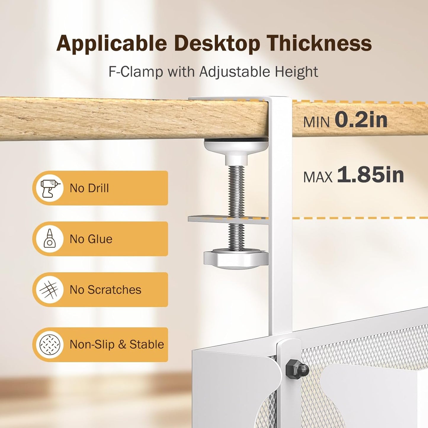 under Desk Cable Management Tray with 2 Open Holes - Metal Mesh Wire Management with F-Clamp, No Drill Cord Organizer, Home Office Cable Tray under Desk Storage & Accessories, 1 Pack, White