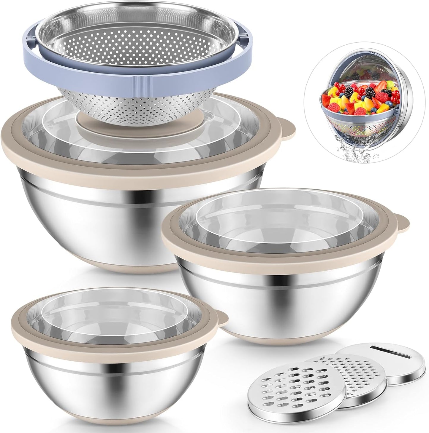 Mixing Bowls with Lids Set of 3, Stainless Steel Mixing Bowl and Colander for Kitchen, 3 Grater Attachments & Non-Slip Bottoms, Visible & Airtight Lid, Khaki