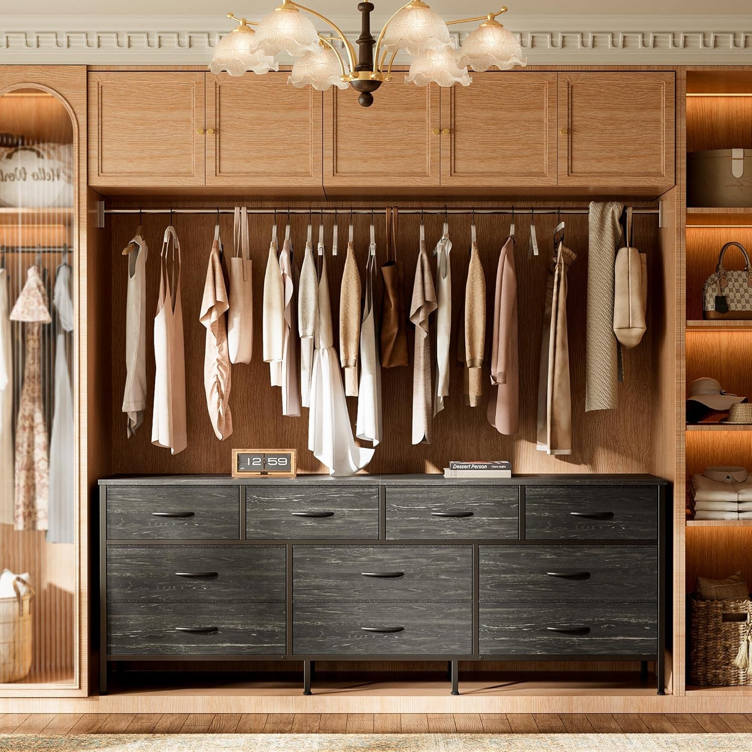 63-Inch Charcoal Black Wood Grain Dresser with 10 Fabric Drawers - Versatile Storage Solution for Bedroom and Living Room, Accommodates 55 to 70 Inch TVs