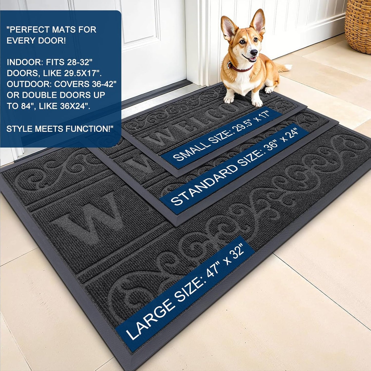 Welcome Door Mat Indoor Outdoor Entrance, Heavy Duty Sturdy Front Door Mat, Waterproof All-Weather Doormat, Stain Resistant, Low Profile, Easy Clean Patio Entryway Mat, 29.5 X 17, Black