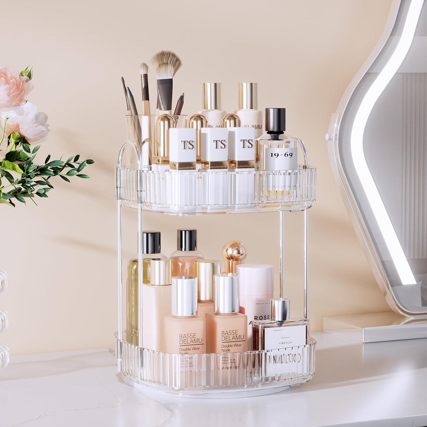 Rotating Bathroom Countertop Organizer, Large Capacity 2-Tier Multi-Function Storage for Cosmetics, Skincare, and Perfume. Makeup Organizer Countertop Ideal for Dresser, Bathroom,Vanity, Clear