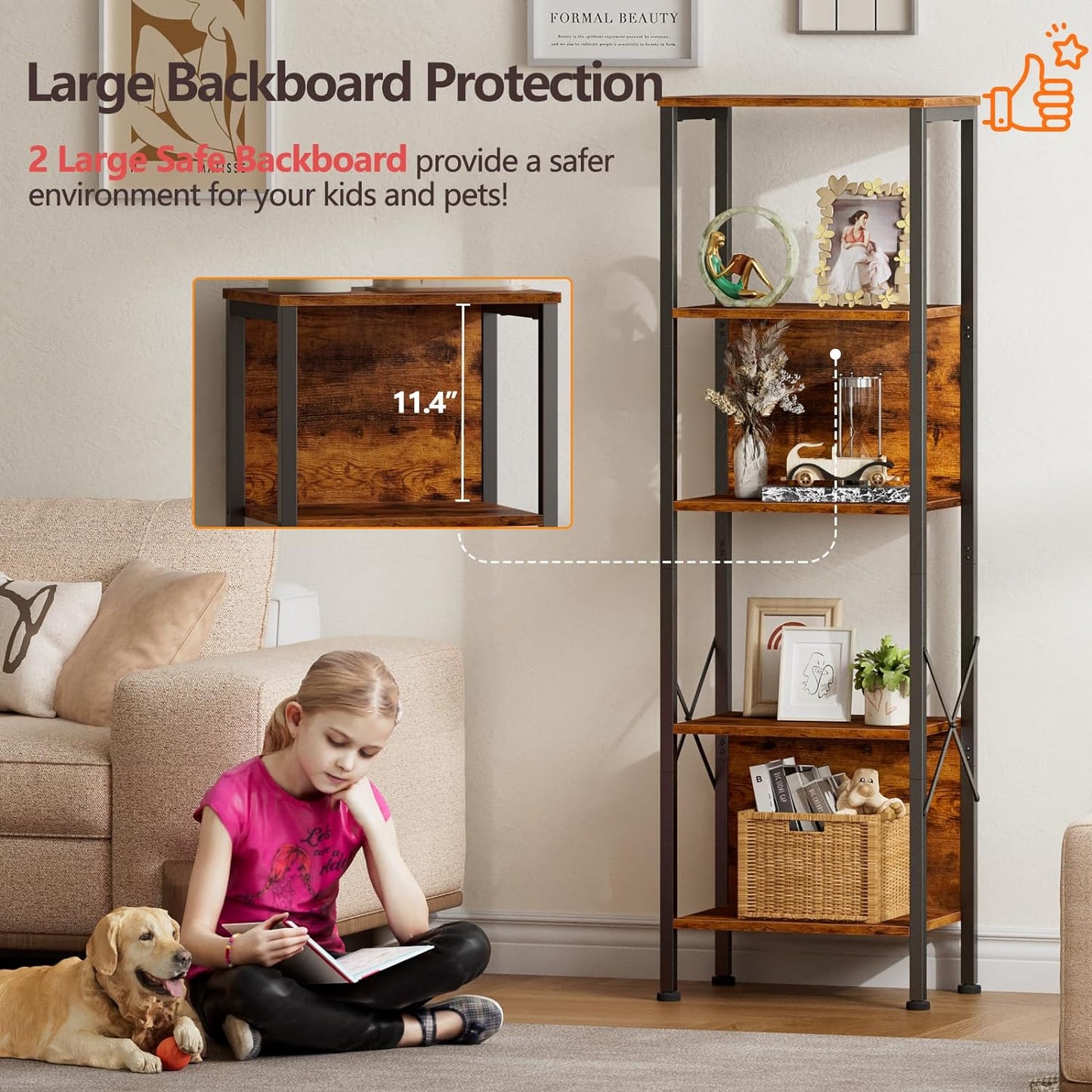 5 Tier Tall Bookshelf with Back, Display Narrow Bookcase, Industrial Storage Corner Shelves Organizer for Bedroom, Living Room, Entryway, Kitchen, Rusitc Brown