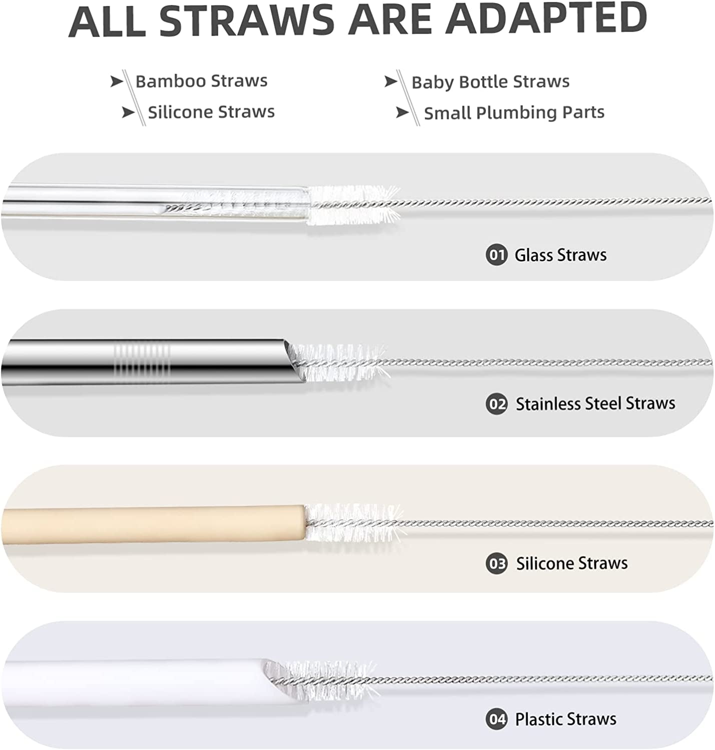 Straw Cleaner Brush Set, 8-Piece Long Cleaning Brush for Straws on Tumbler, Water Bottle, Sippy Cup, and Pipes, Tubes or Hummingbird Feeders