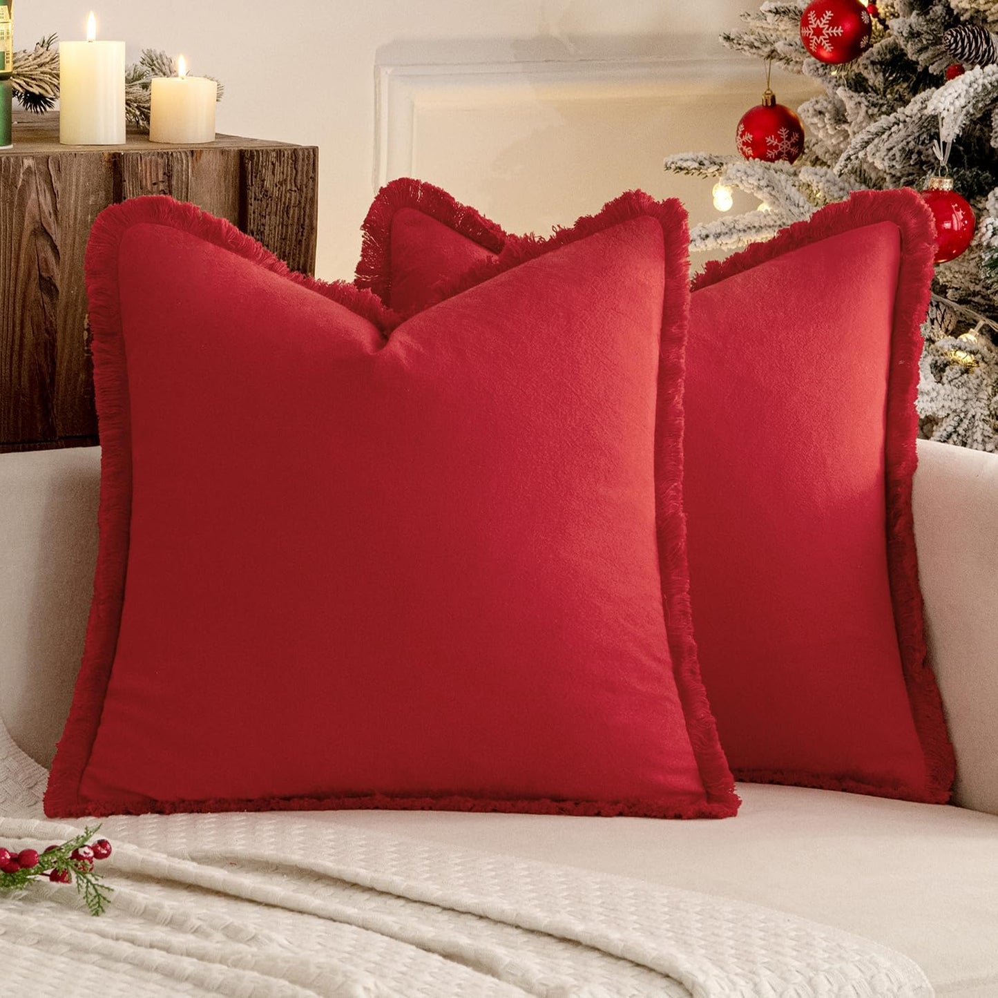 Throw Pillow Covers Boho Farmhouse 24X24 Christmas Set of 2 Decorative Christmas Red Eruo Sham Couch with Fringe Chic Cotton Pillowcases Home Decor Accents for Cushion Soft Bed Living Room