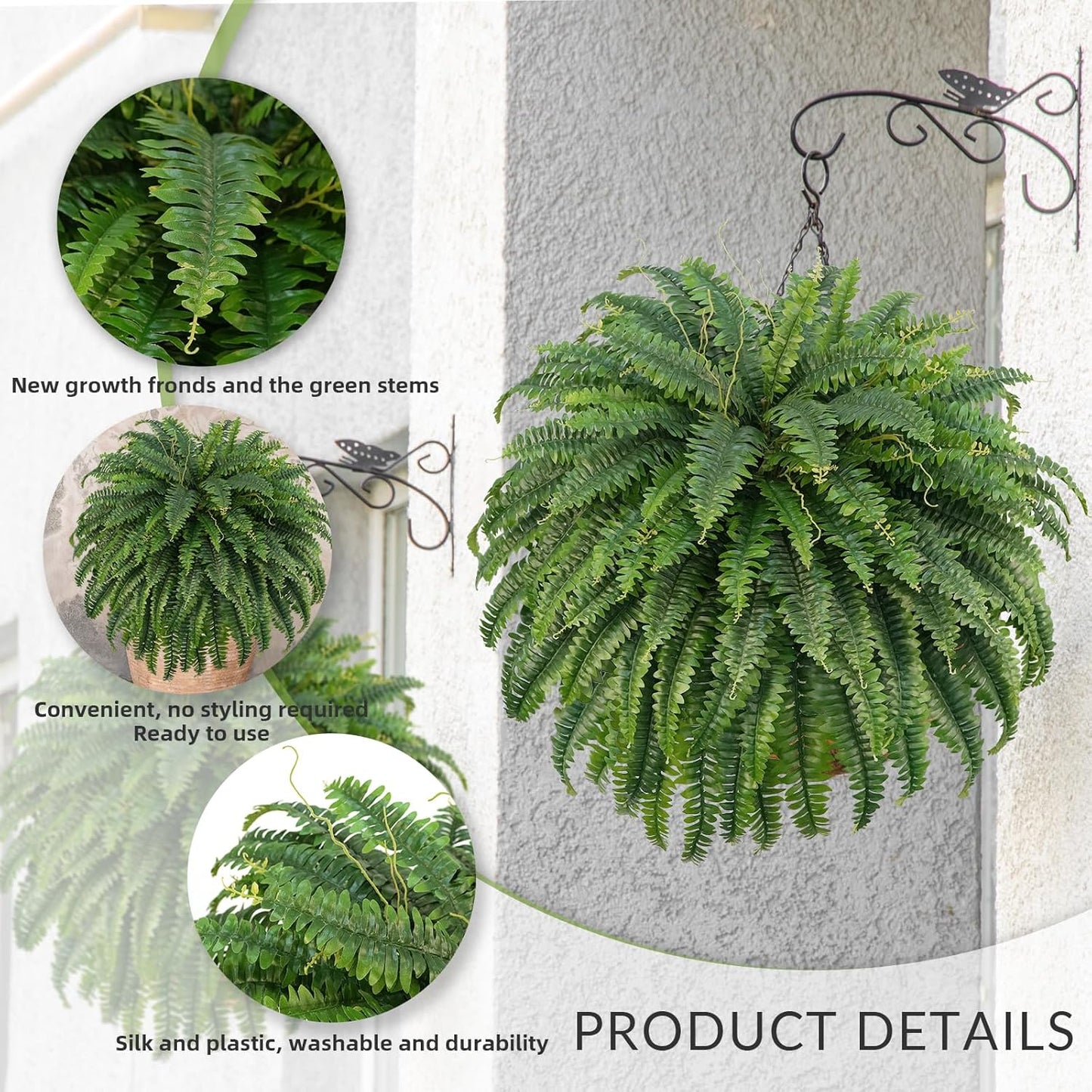 50" Artificial Boston Ferns, Fake Bush Plants, Large Faux Ferns with 96 Fronds for Outdoors Home Decor