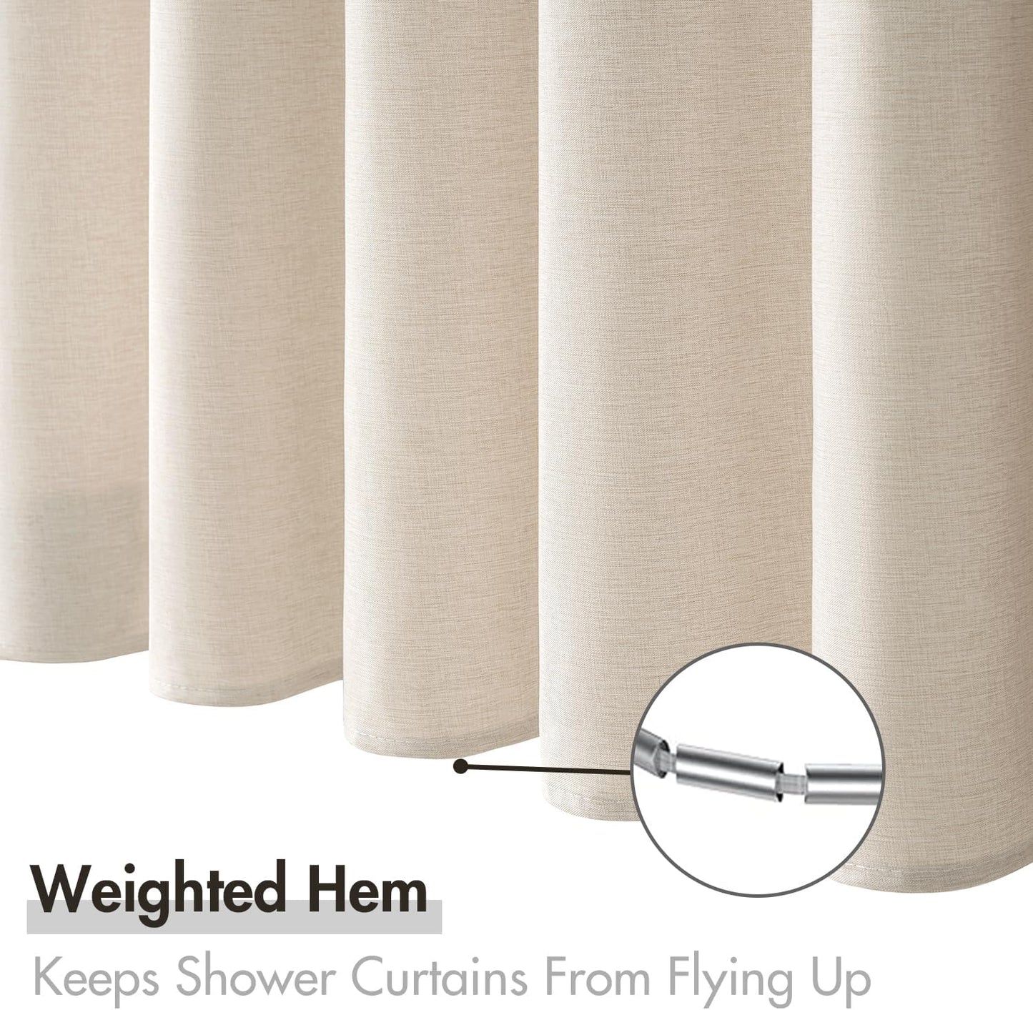 Linen Shower Curtain Set with 12 Metal Hooks - Modern Heavy-Duty Washable Beige Fabric, Waterproof and Durable, 72"x72", Cream