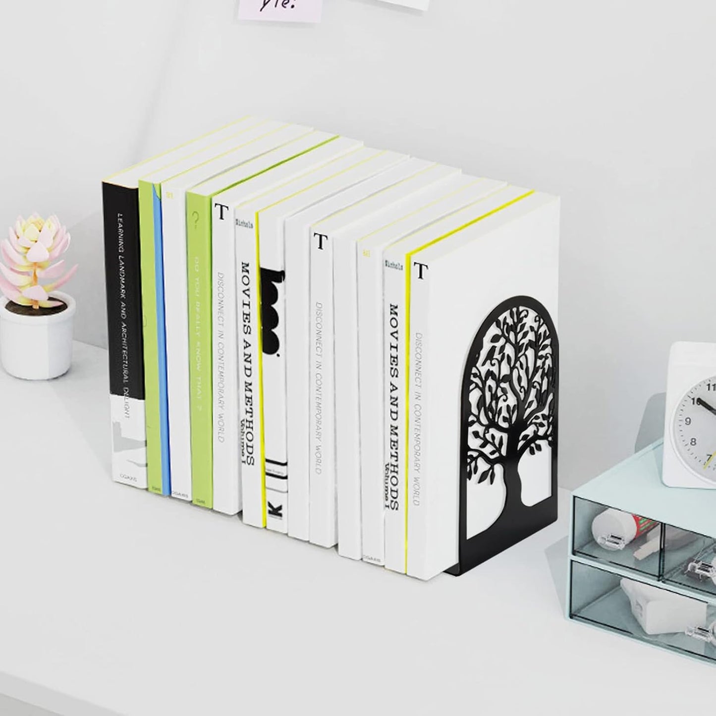 Book Ends, Metal Bookends for Shelves Decorative, Tree Stopper for Heavy Books, Black Ends to Hold Books for Home Office, 6.5 X 4.7 X 3.5 Inch(3 Pairs/6 Pcs, Large)