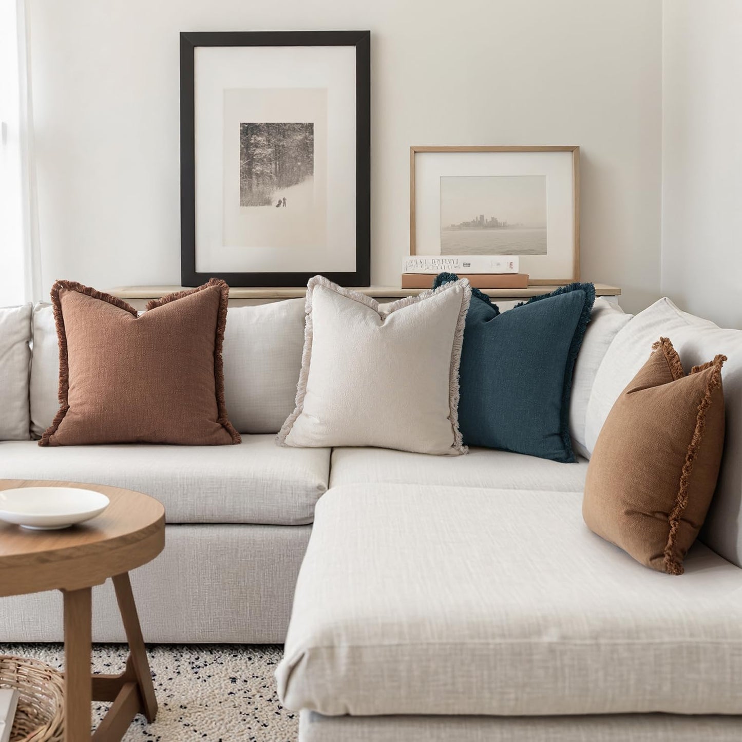 Set of 4 Neutral Linen Fringe Decorative Couch Pillow Covers - Modern Rustic Boho Farmhouse Cushions for Living Room and Bedroom Decor, 18x18 Inches, Beige/Brown/Blue