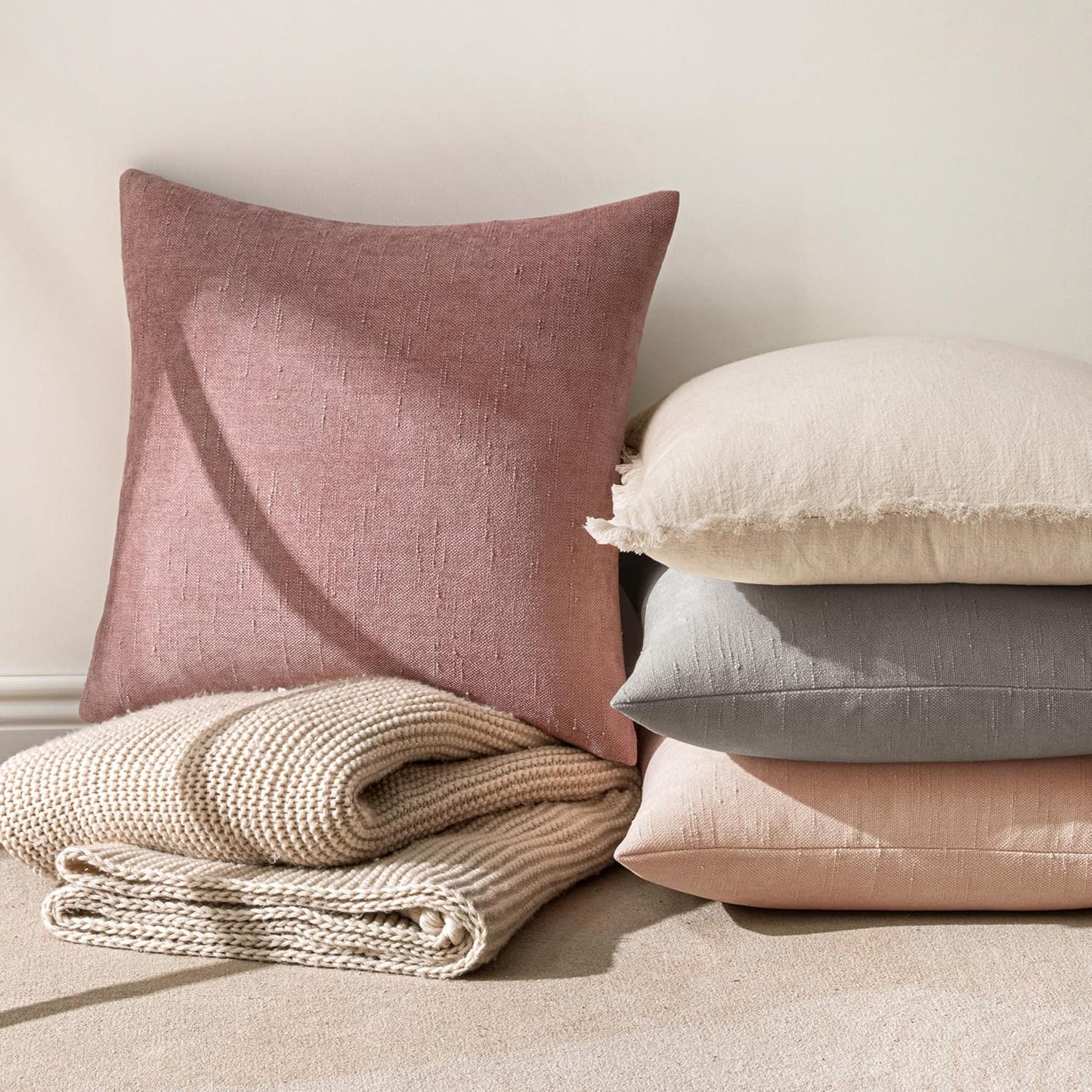 Set of 2 Soft Chenille Decorative Throw Pillow Covers - Solid Textured Cushions for Spring and Valentine's Day, 20x20 Inch, Blush Pink