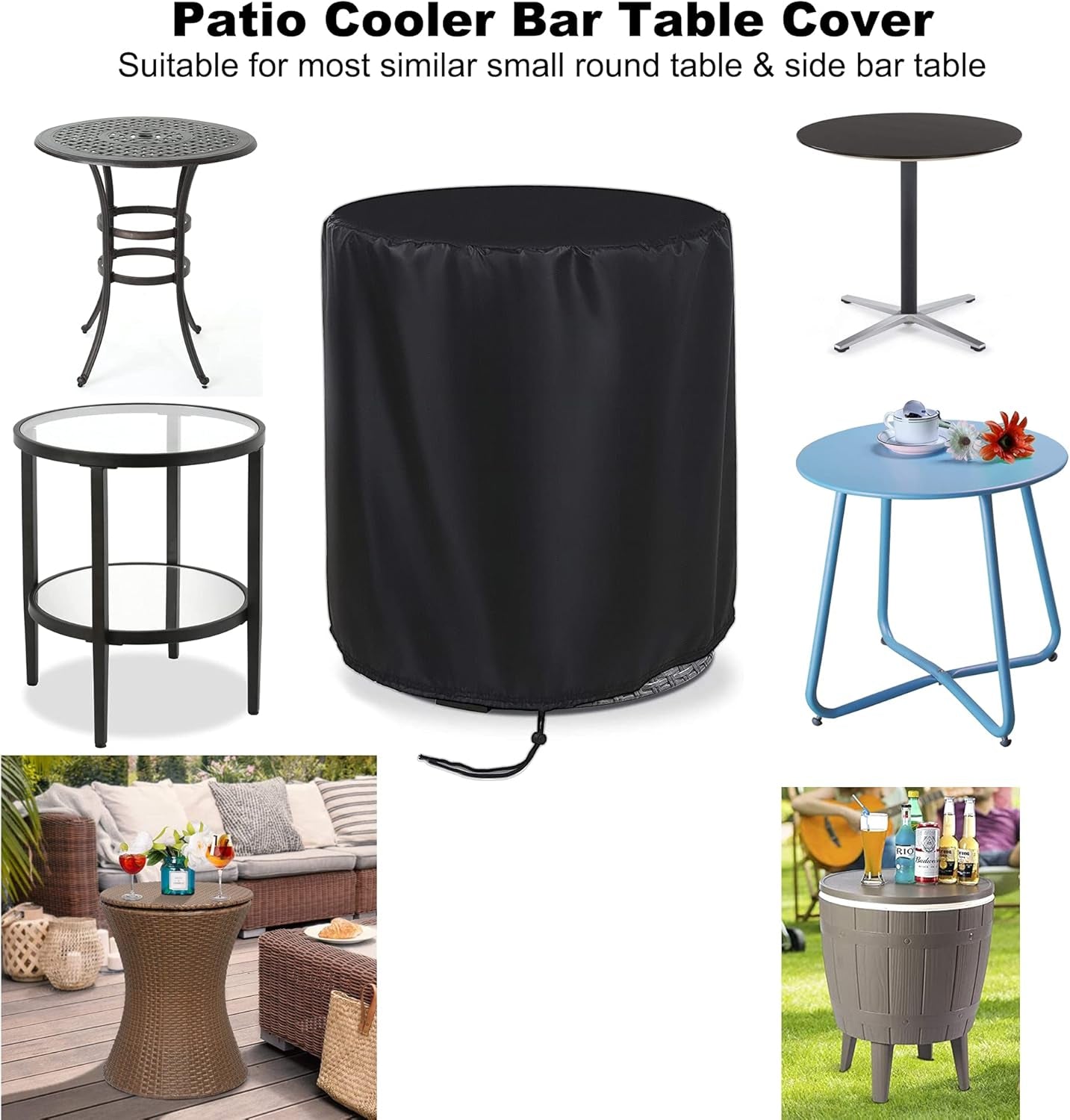 Patio Cooler Bar Table Cover, Outdoor round Beer Cooler Table Cover for Keter 7.5-Gal Cool Bar Table, Waterproof Outdoor Coffee Beverage Bins Cover with Drawstring(21" D X 23" H)