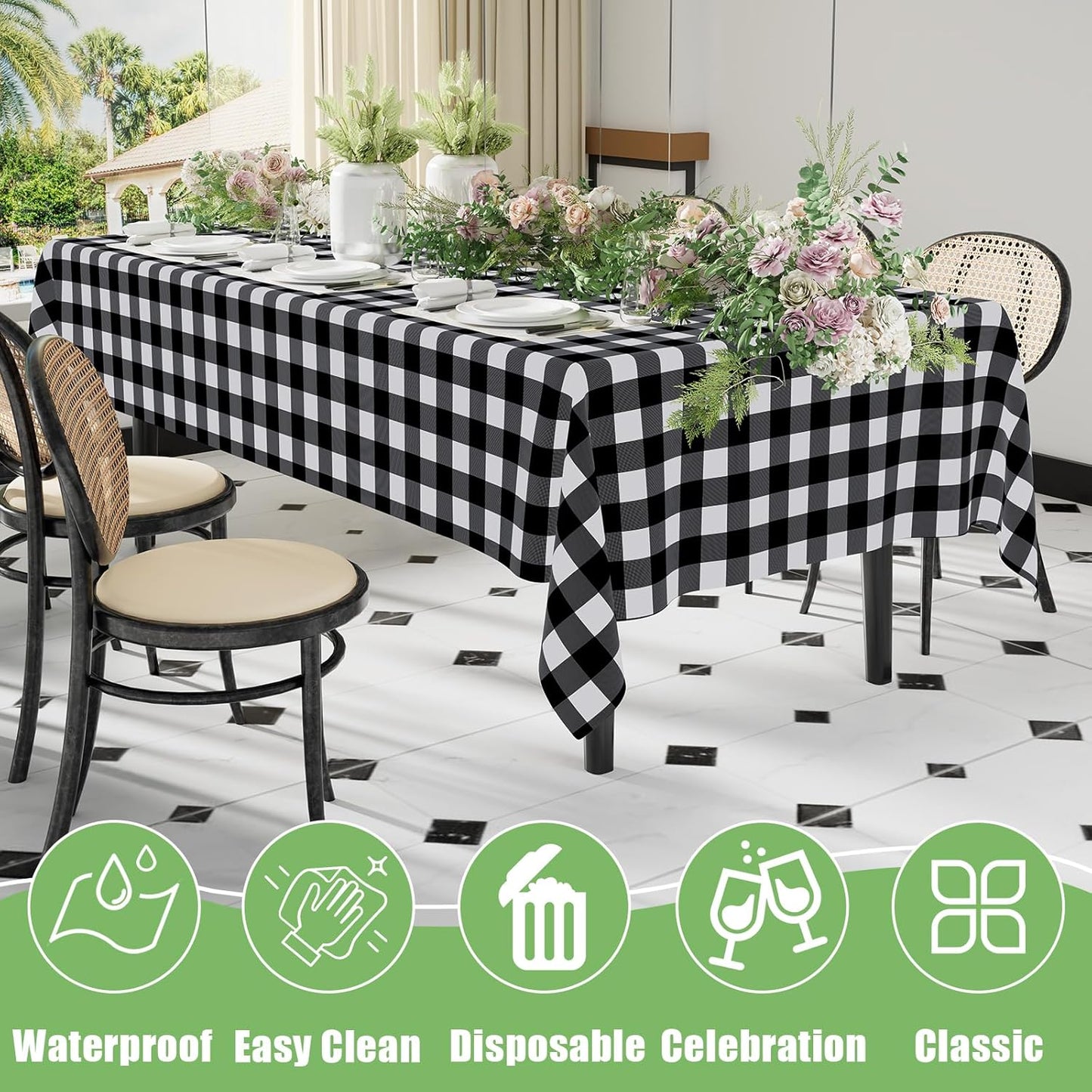 Plastic Table Cloth Disposable 3 Pack, 54X108 Inch Rectangle Waterproof Table Cover for Parties, Decorative Buffalo Plaid Vinyl & Solid Tablecloths, Leakproof & Sturdy, Black and White