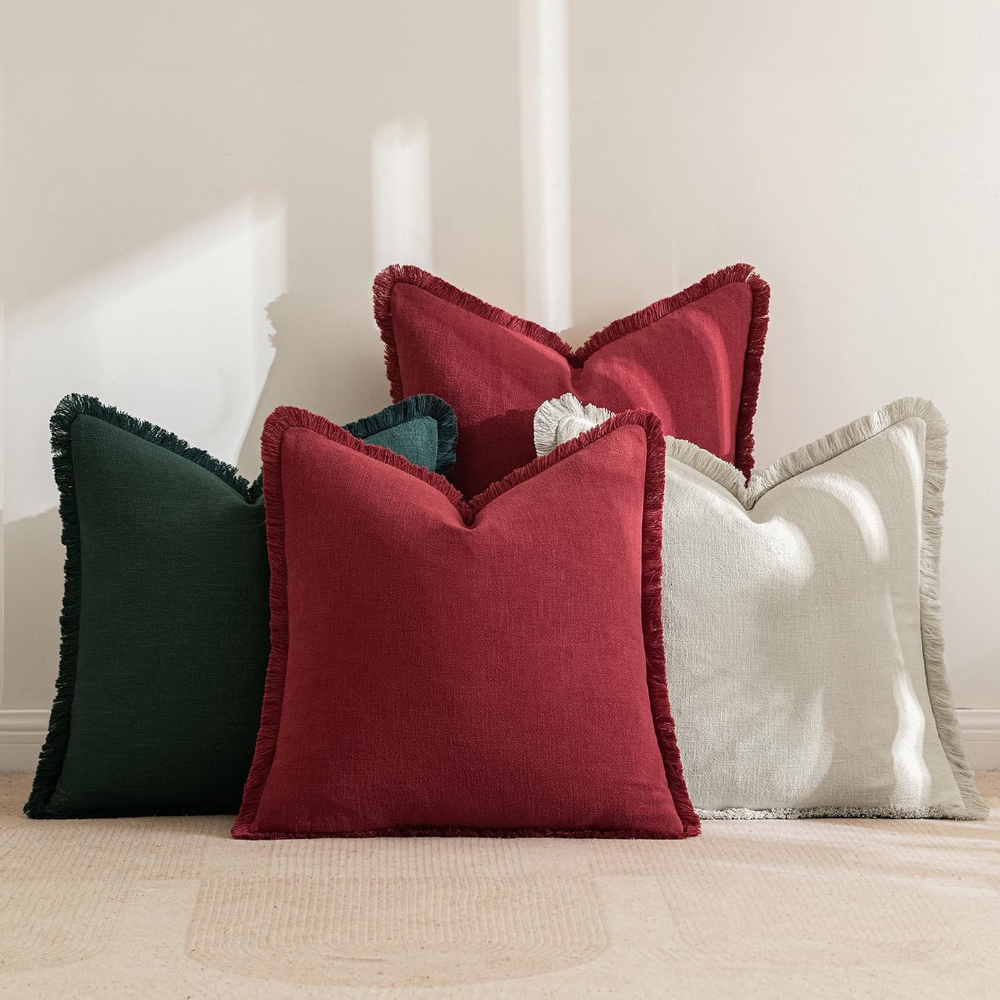 Linen Pillow Covers 18X18 Inch Decorative Throw Pillows with Fringe Pack of 4 Soft Farmhouse Boho Couch Pillows Home Decors for Sofa Cushion Living Room Bed Dark Green and Burgundy