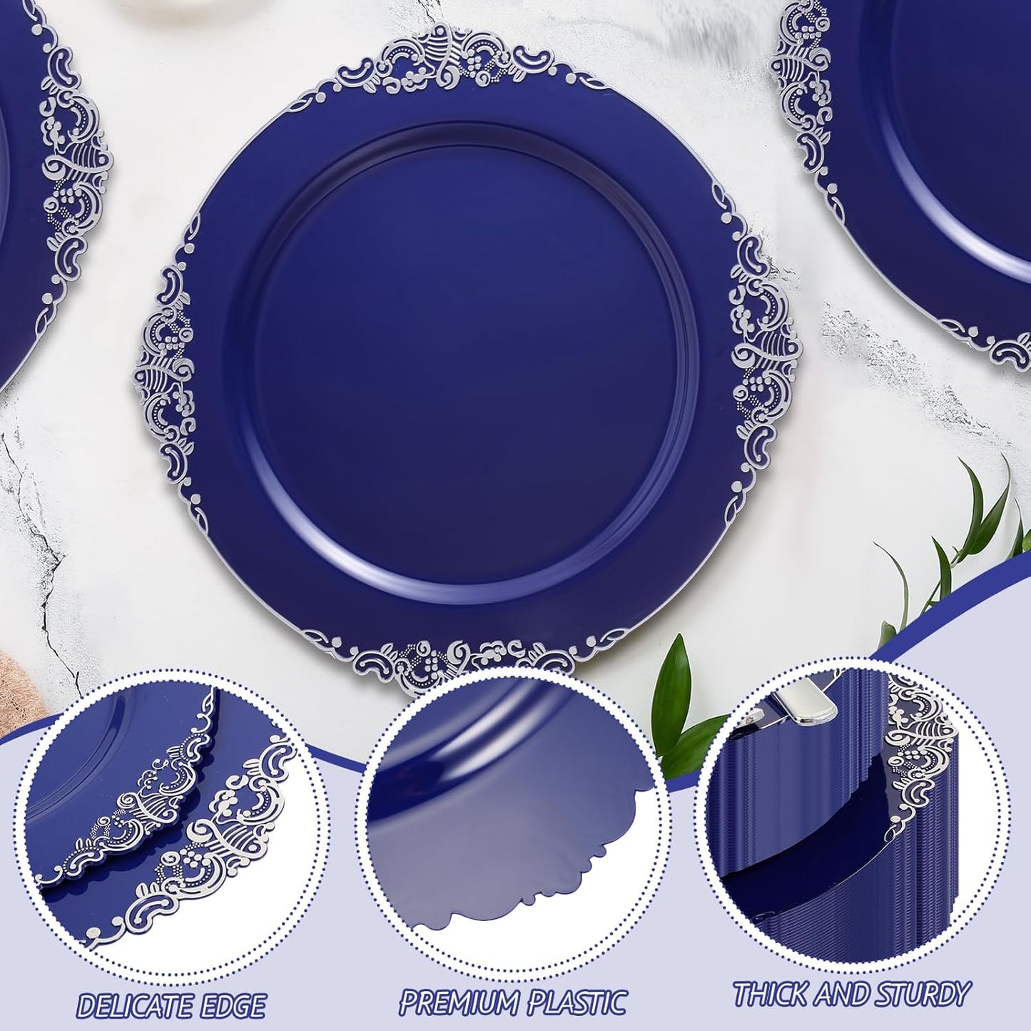 300-Piece Heavy-Duty Navy Blue Plastic Dinnerware Set with Silverware - Includes 50 Dinner Plates (10.2"), 50 Dessert Plates (7.5"), and 150 Silver Utensils for Weddings and Events