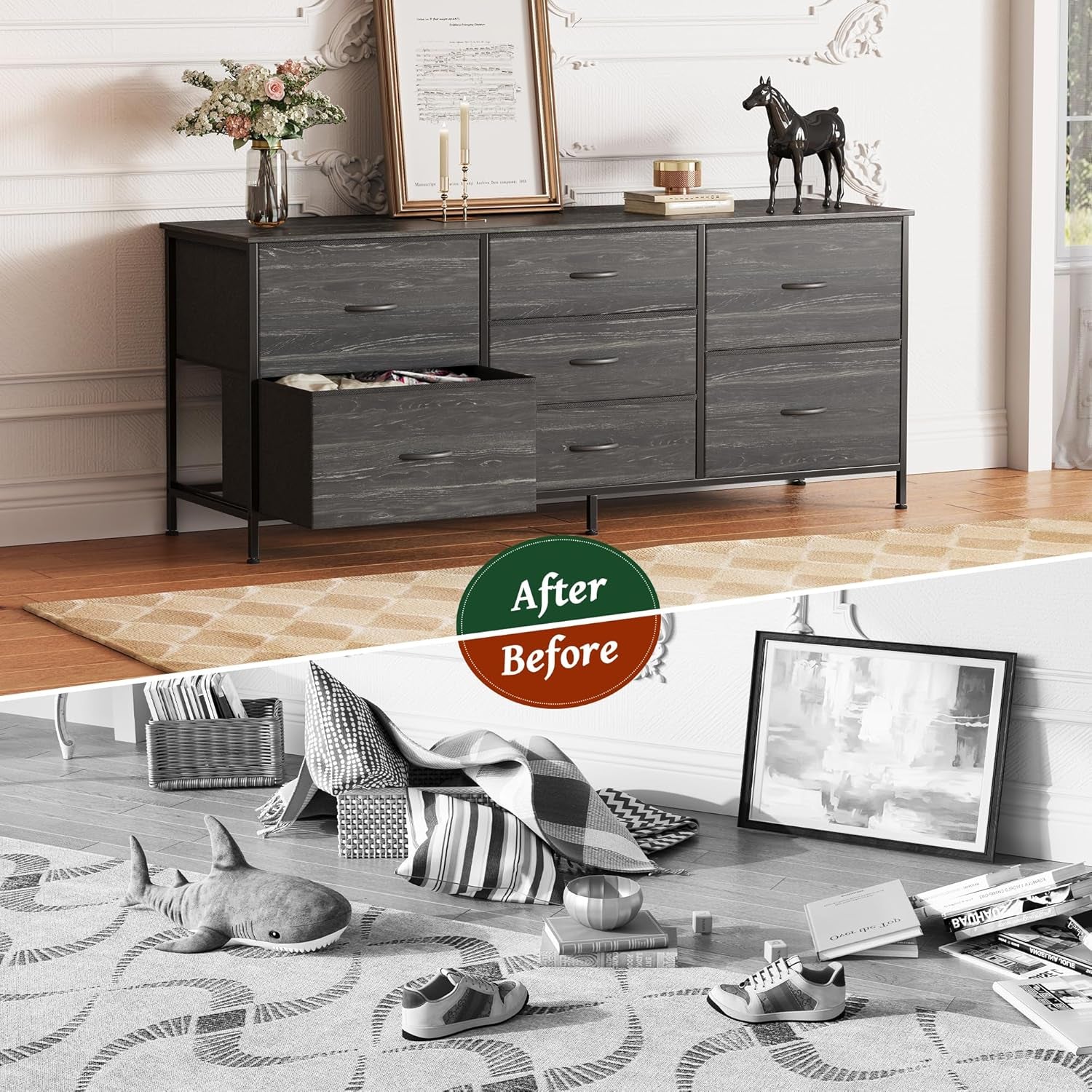 Elegant Charcoal Black Wood Grain Dresser and TV Stand Combo with 7 Drawers, Suitable for 43 to 60 Inch TVs