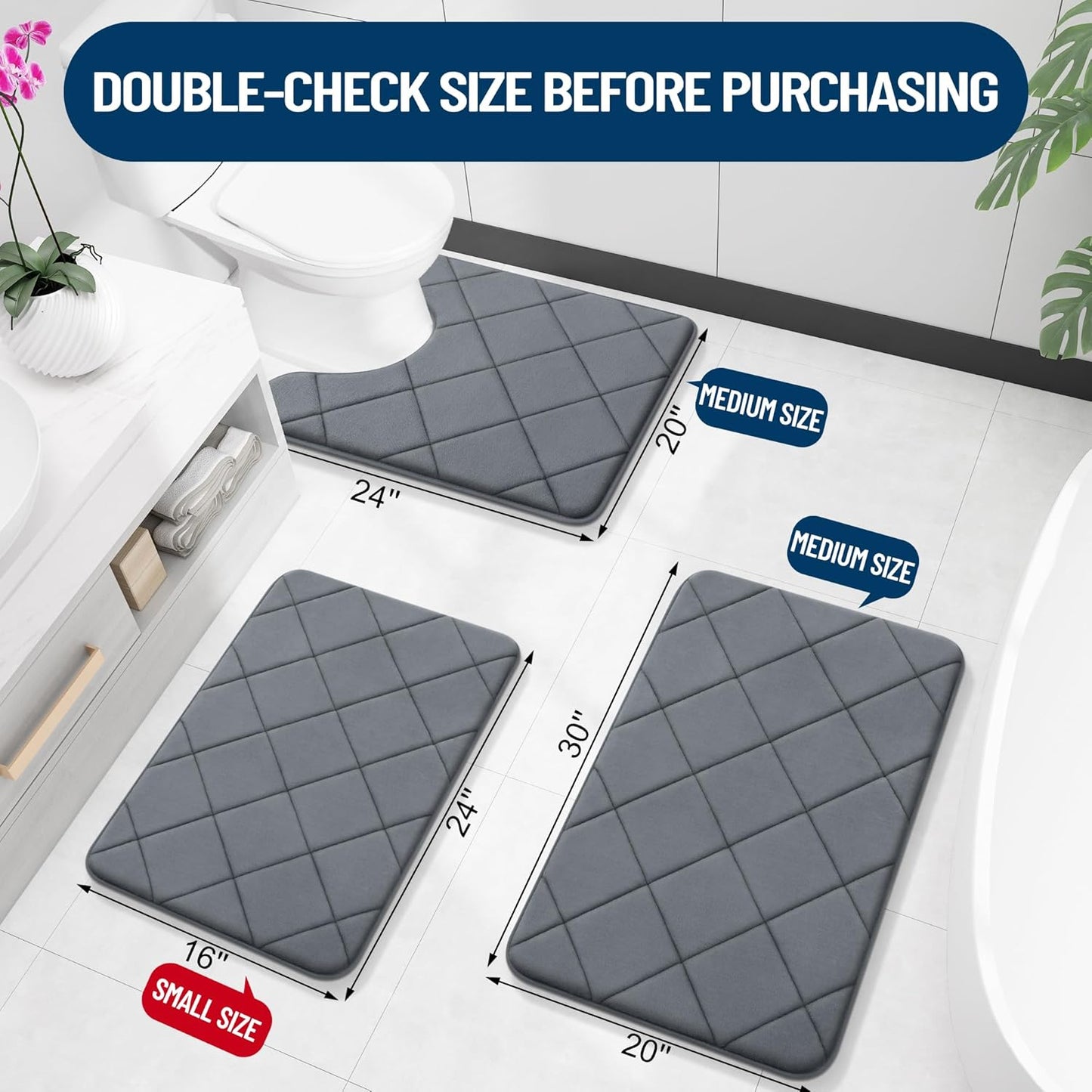Memory Foam Bath Mat 24X16, Ultra Soft and Absorbent Bathroom Rugs, Machine Washable, Comfortable Bath Carpet for Bathroom Floor, Tub and Shower, Dark Grey