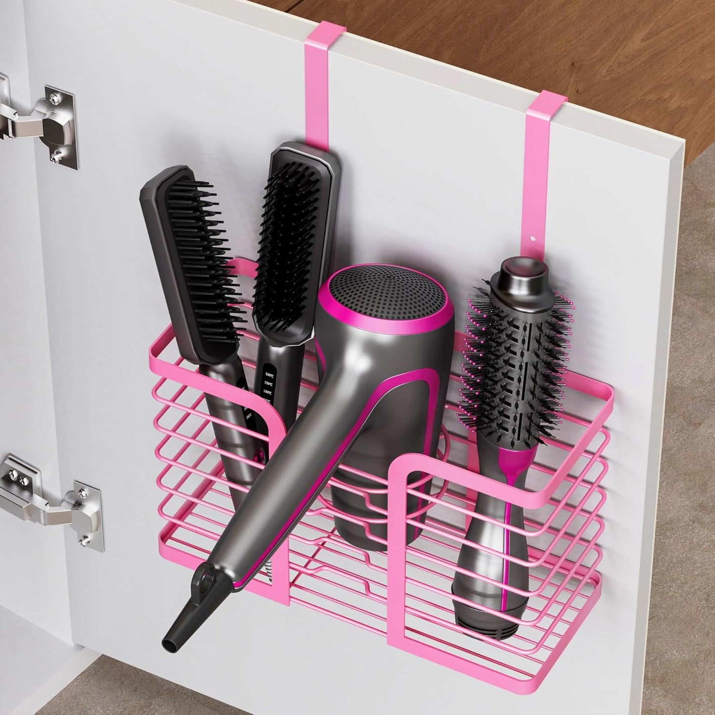 Pink Hair Dryer Holder - 3-Section Organizer for Hair Tools, Wall-Mounted/Cabinet Door Straightener Holder, Adjustable Height Metal Dryer and Curling Iron Organizer