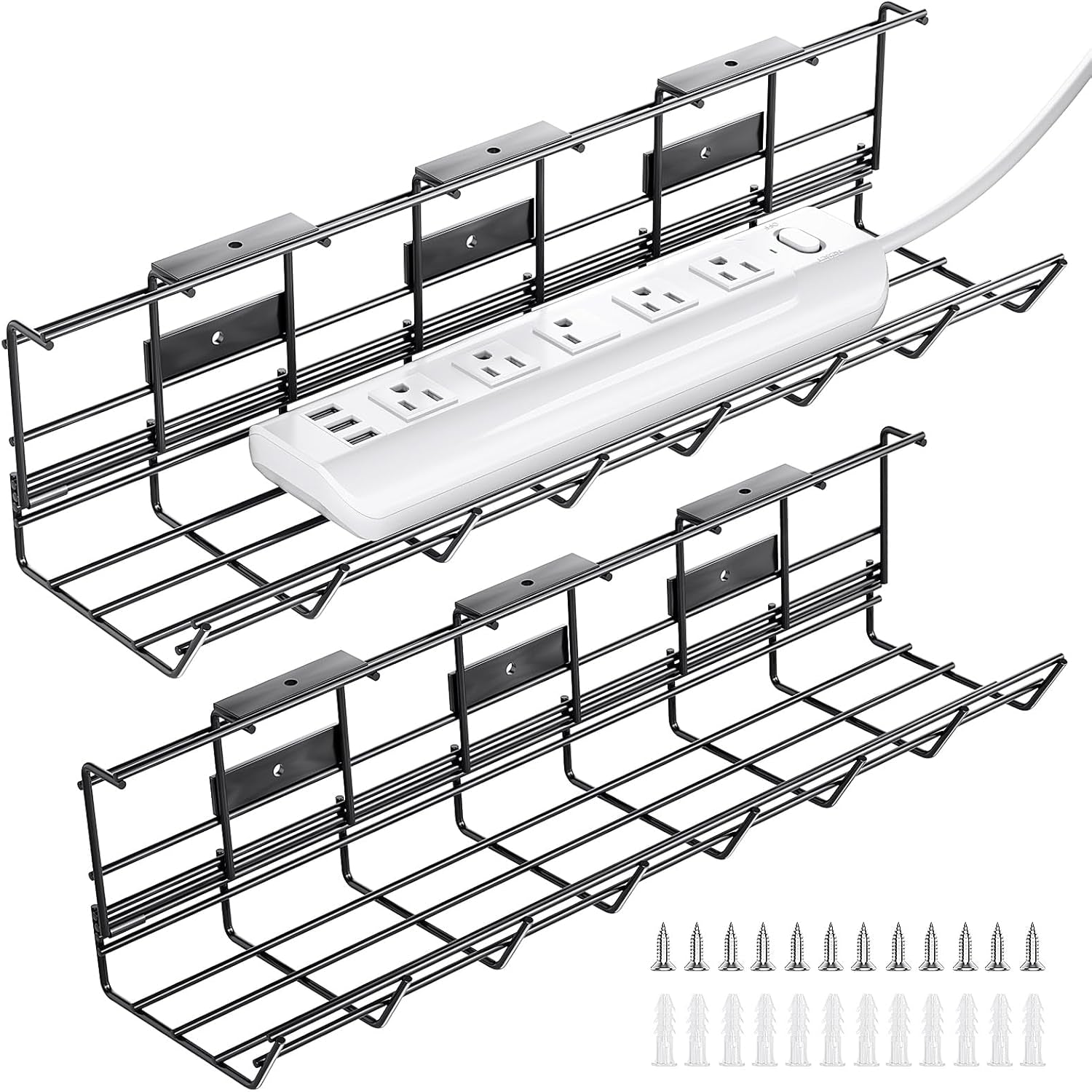2 Pack  under Desk Cable Management Tray, Metal Cord Cable Organizer for Desk, Easy Install Pre-Drilled Wire Management Wire Organizer for Office & Home