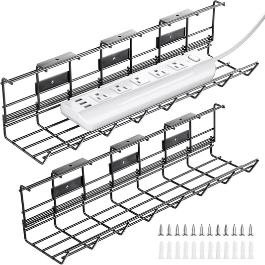 2 Pack  under Desk Cable Management Tray, Metal Cord Cable Organizer for Desk, Easy Install Pre-Drilled Wire Management Wire Organizer for Office & Home