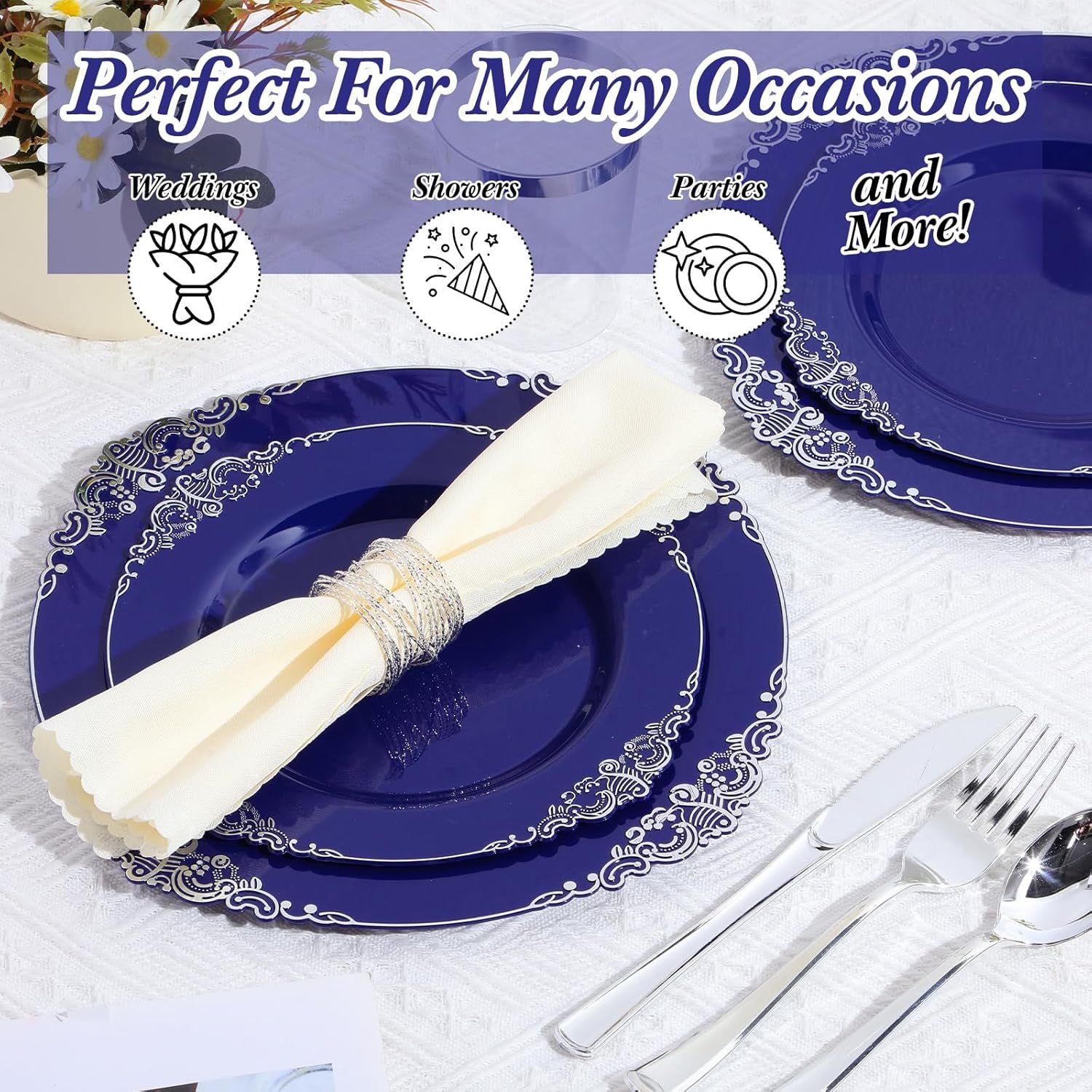 300-Piece Heavy-Duty Navy Blue Plastic Dinnerware Set with Silverware - Includes 50 Dinner Plates (10.2"), 50 Dessert Plates (7.5"), and 150 Silver Utensils for Weddings and Events
