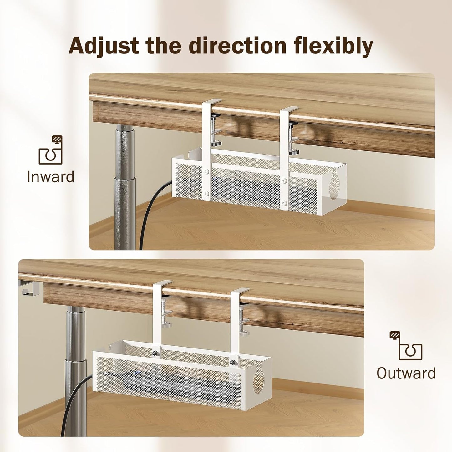 under Desk Cable Management Tray with 2 Open Holes - Metal Mesh Wire Management with F-Clamp, No Drill Cord Organizer, Home Office Cable Tray under Desk Storage & Accessories, 1 Pack, White