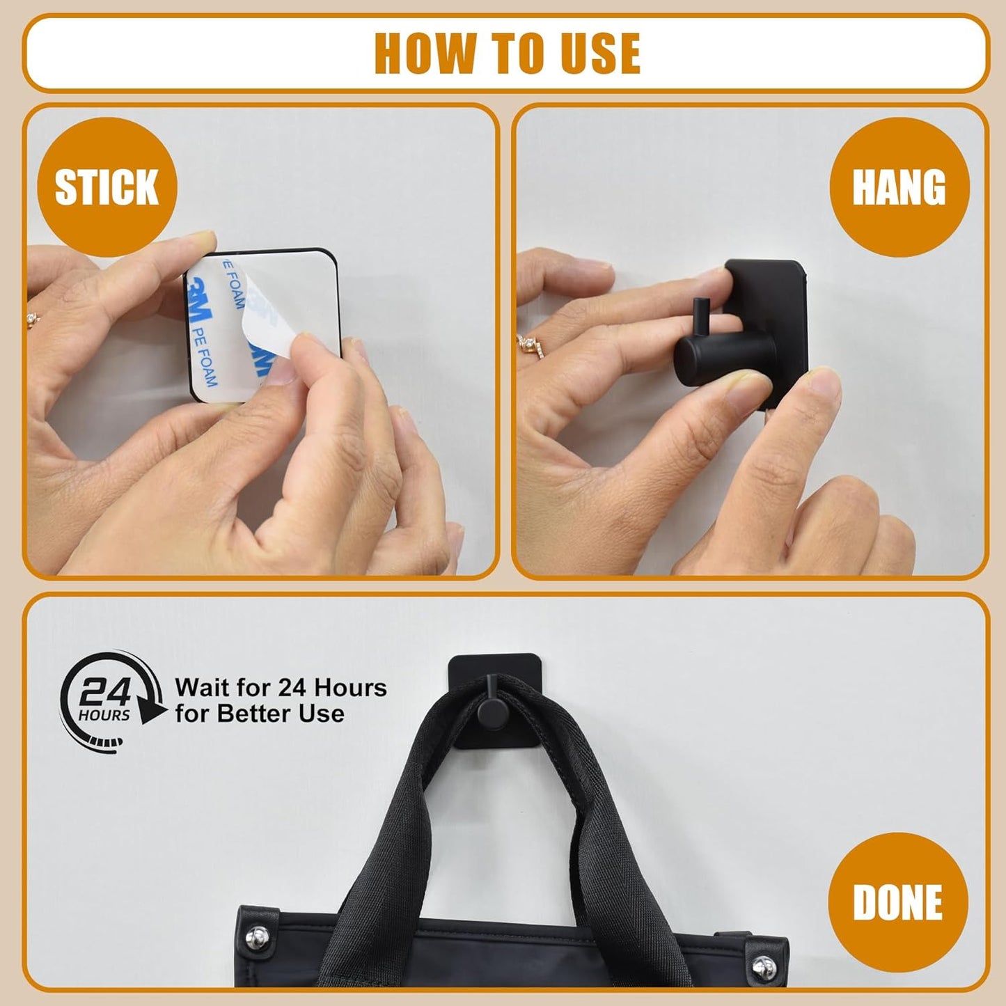 6-Piece Heavy-Duty Waterproof Adhesive Wall Hooks for Towel Storage in Bathrooms, Kitchens, and Offices (Black)