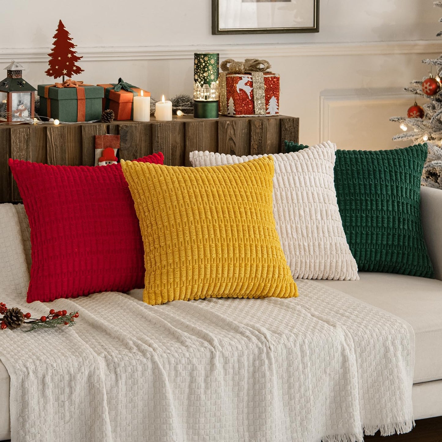Pack of 4 Boho Farmhouse Dark Green and Yellow Corduroy Decorative Throw Pillow Covers 18X18 Inch Retro Soft Striped Pillow Covers Home Decor for Sofa Living Room Couch Bed