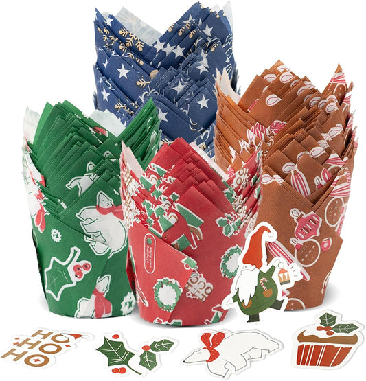 200 Pcs Christmas Tulip Cupcake Liners with 24 Pcs Cupcake Toppers, Cupcake Liners, Tulip Cupcake Liners for Baking, Standard Tulip Muffin Liners for Christmas Holiday