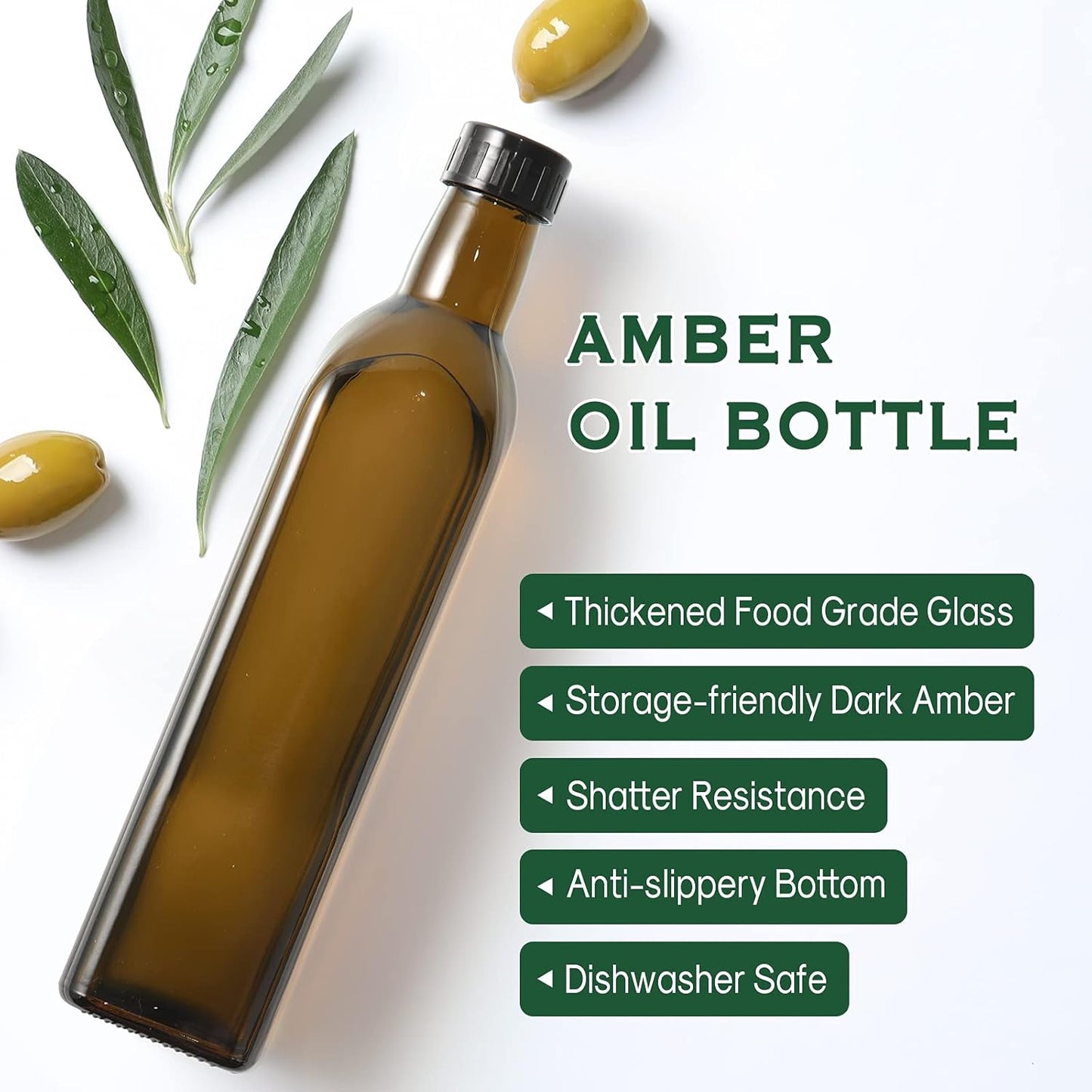 17Oz Glass Olive Oil Dispenser - Oil and Vinegar Cruet Bottle with Stainless Steel Pourers - Funnel for Easy Refill - Olive Carafe Decanter for Kitchen
