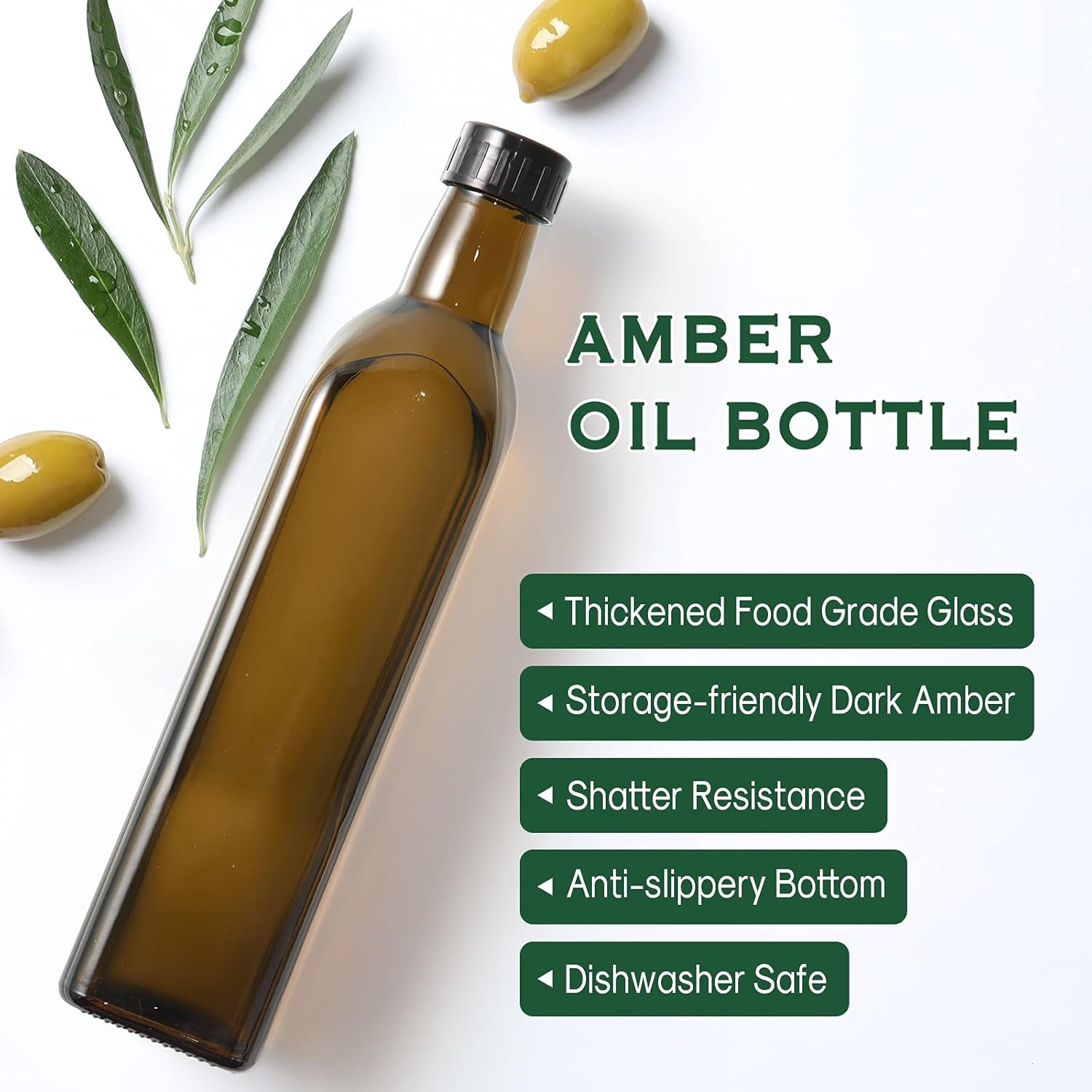 17Oz Glass Olive Oil Dispenser - Oil and Vinegar Cruet Bottle with Stainless Steel Pourers - Funnel for Easy Refill - Olive Carafe Decanter for Kitchen