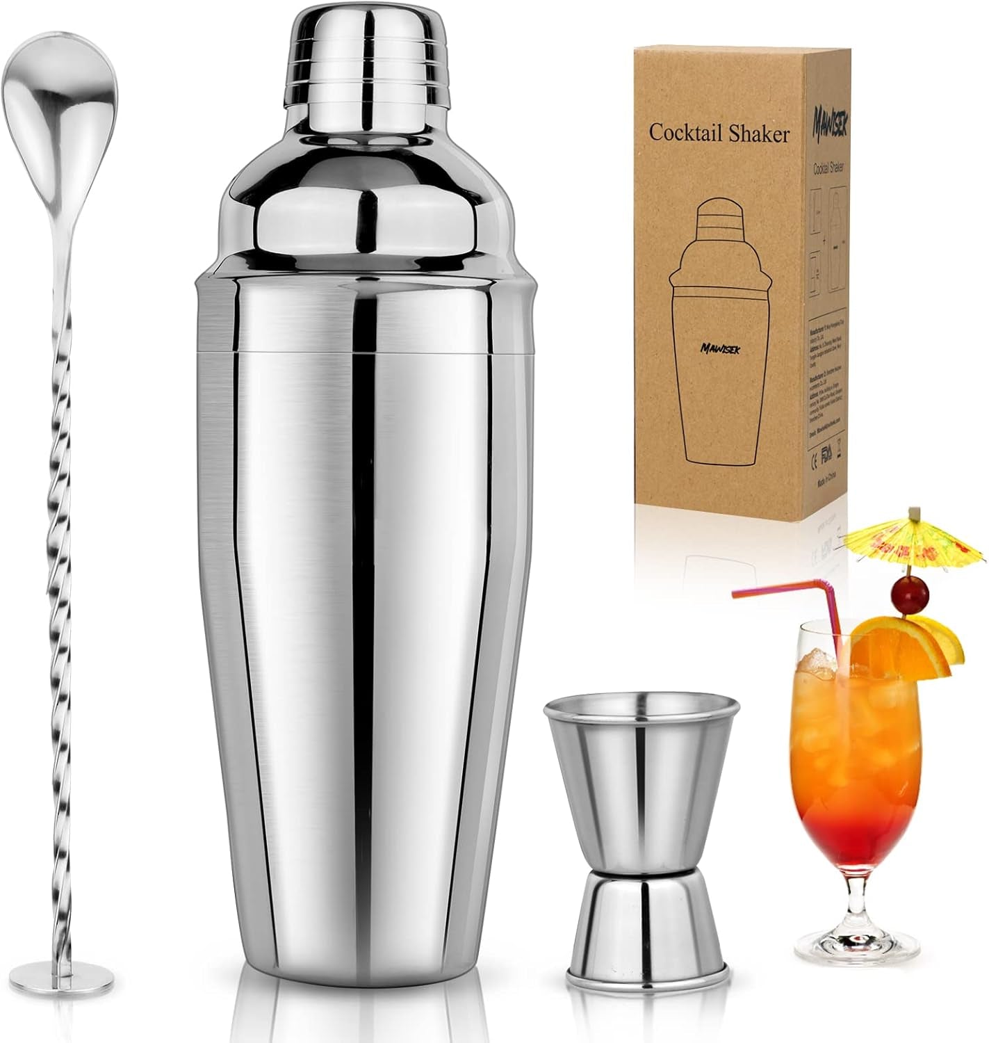 25 oz Professional Cocktail Shaker Set - Includes Martini Shaker, Margarita Mixer, Measuring Jigger, and Mixing Spoon - Premium 18/8 Stainless Steel Bar Tools for Mixology