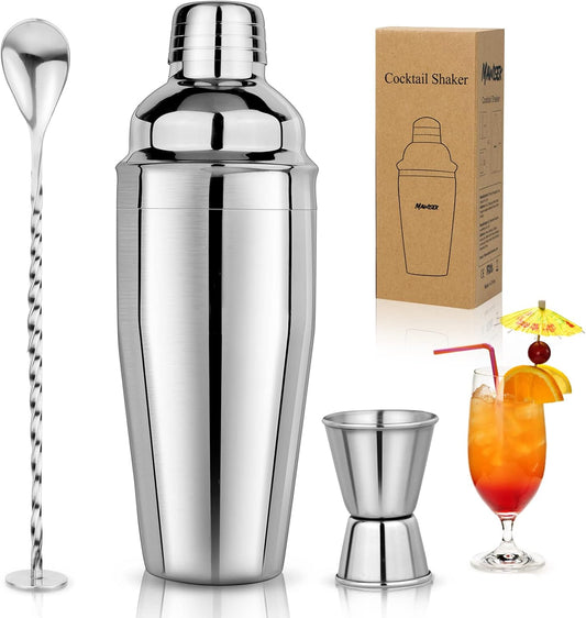 25 oz Professional Cocktail Shaker Set - Includes Martini Shaker, Margarita Mixer, Measuring Jigger, and Mixing Spoon - Premium 18/8 Stainless Steel Bar Tools for Mixology