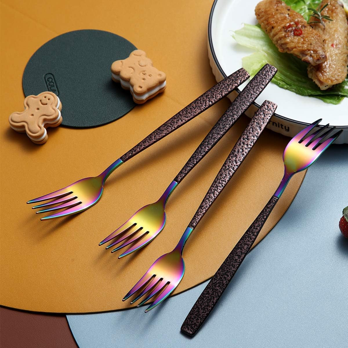 Set of 4 Stainless Steel Dinner Forks with Moon Surface Handle and Rainbow Finish, Dishwasher Safe Silverware