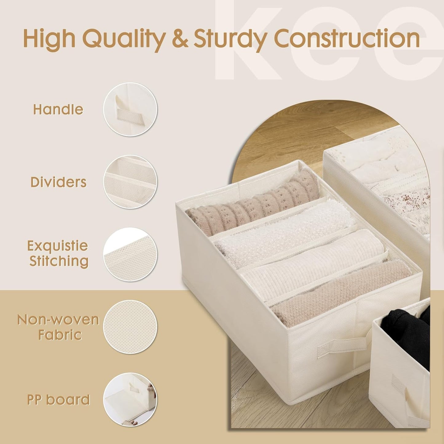 6 Pack Large Clothes Organizer, Wardrobe Closet Organizer and Storage with Handles, Foldable Fabric Closet Organizers Dividers for Clothing, Pants, Jeans, Sweater, T-Shirts, Beige