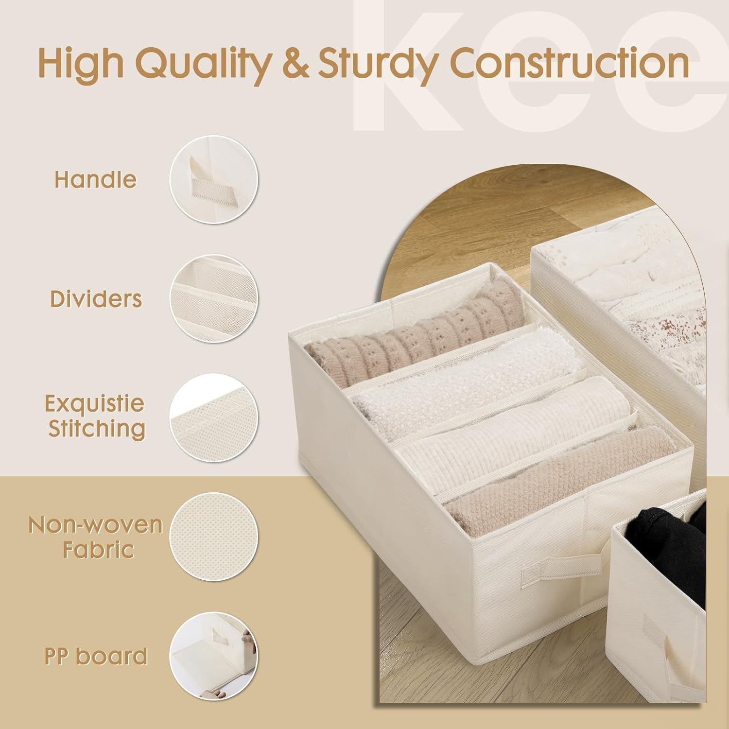 6 Pack Large Clothes Organizer, Wardrobe Closet Organizer and Storage with Handles, Foldable Fabric Closet Organizers Dividers for Clothing, Pants, Jeans, Sweater, T-Shirts, Beige