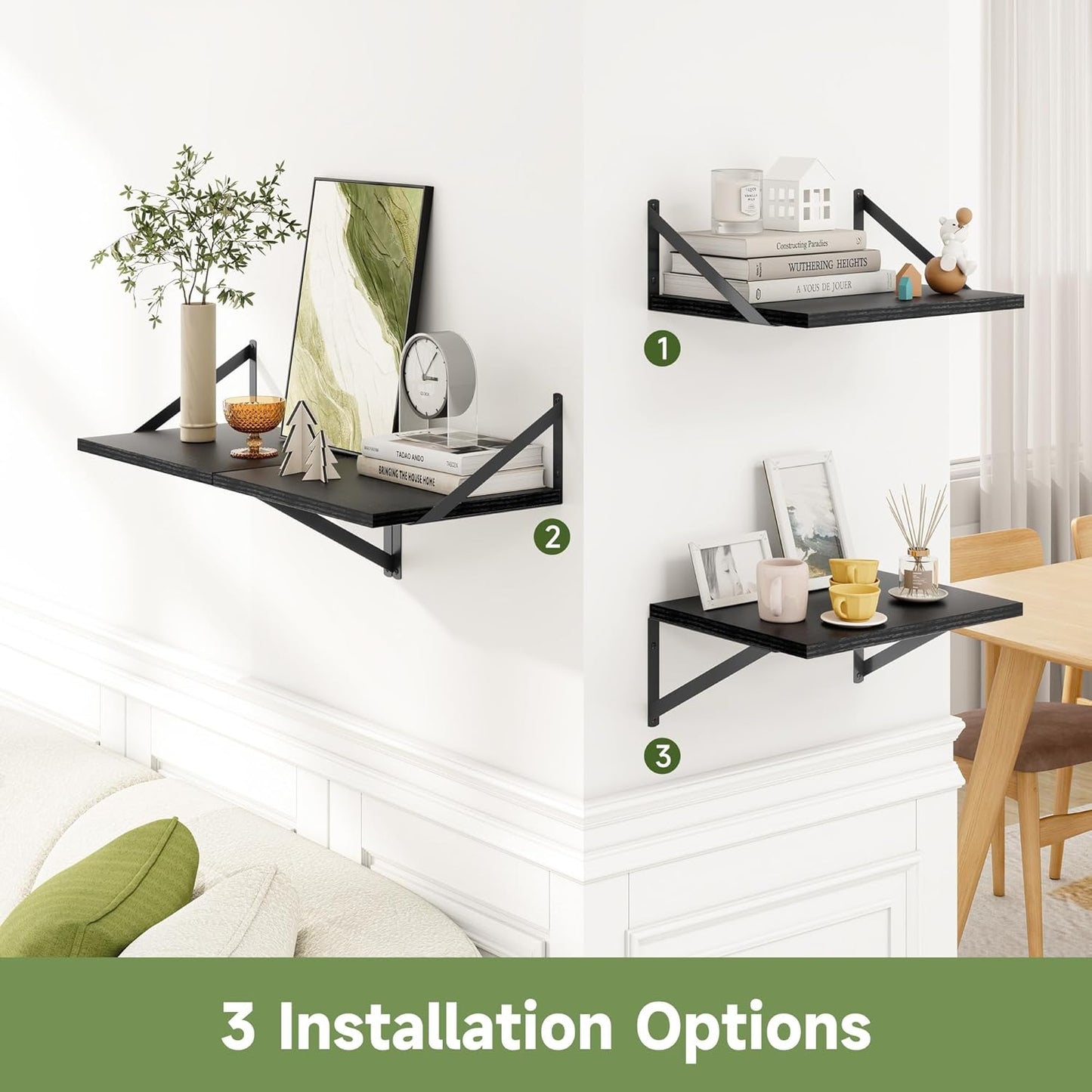 16W X 12D Wall Shelves, 12 Inch Deep Floating Shelves for Wall Set of 4, Wide Heavy Duty Wall Mounted Shelves, Black Floating Shelves for Living Room Bedroom Bathroom Kitchen