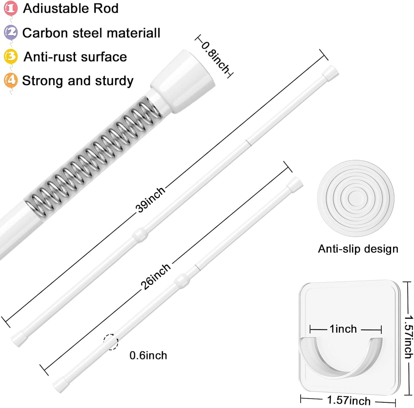 1Pcs Tension Curtain Rod Spring Tension Rod Short Curtian Rods No Drilling Expandable Spring Loaded Curtain Tension Rod Adjustable 26 to 39 Inch,Best Use Range 28 to 36 Inch,White