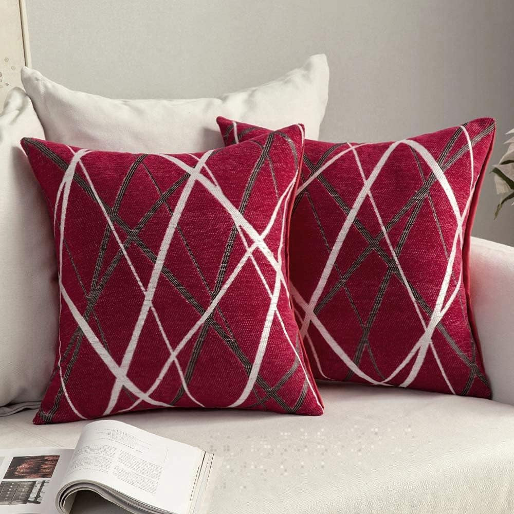 Pack of 2 Decorative Throw Pillow Covers Christmas Woven Textured Chenille Cozy Modern Concise Soft Red Square Cushion Shams for Bedroom Sofa Car 18 X 18 Inch