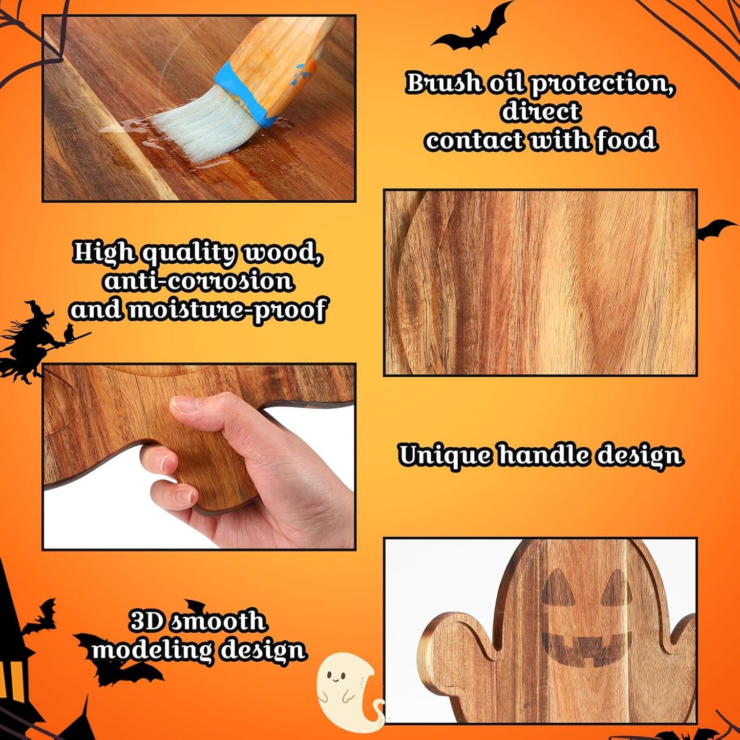 Set of 2 Halloween-Themed Acacia Wood Charcuterie Boards - Pumpkin and Ghost Shaped Cutting Boards with Handles for Serving Cheese, Vegetables, and Salads