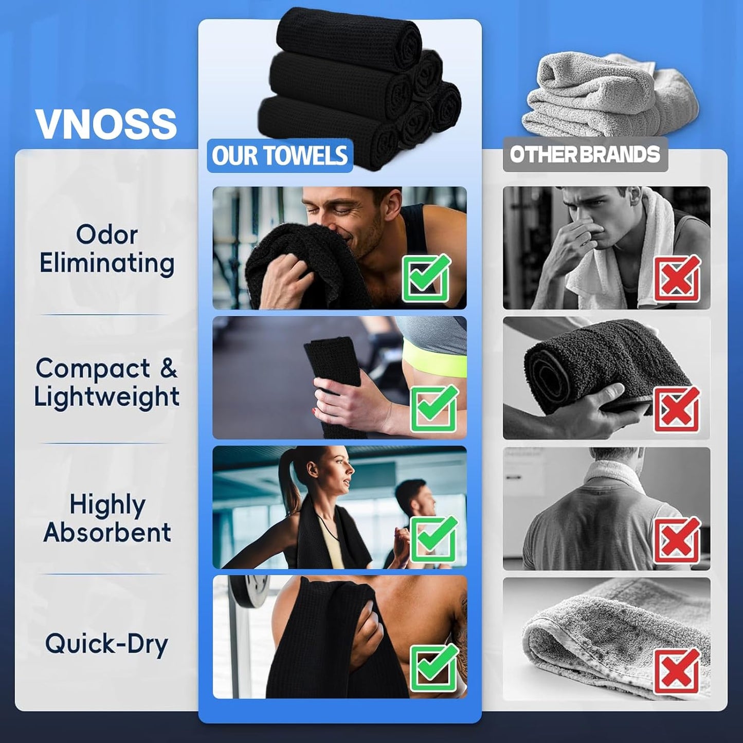 Microfiber Gym Towels for Working Out, Quickly Dry Yoga Towels for Men & Women Tennis, 16 Inch X 27 Inch, 6 Pack, Black