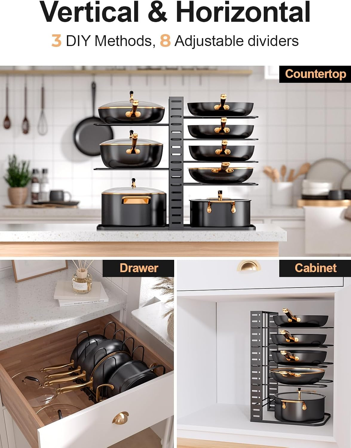 Pots and Pans Organizer Rack under Cabinet 14.55In Height, 8-Tier Kitchen Cabinet Organizers and Storage, Light-Duty Adjustable Pot Racks, Pan Organizers inside Cabinet with 3 DIY Methods