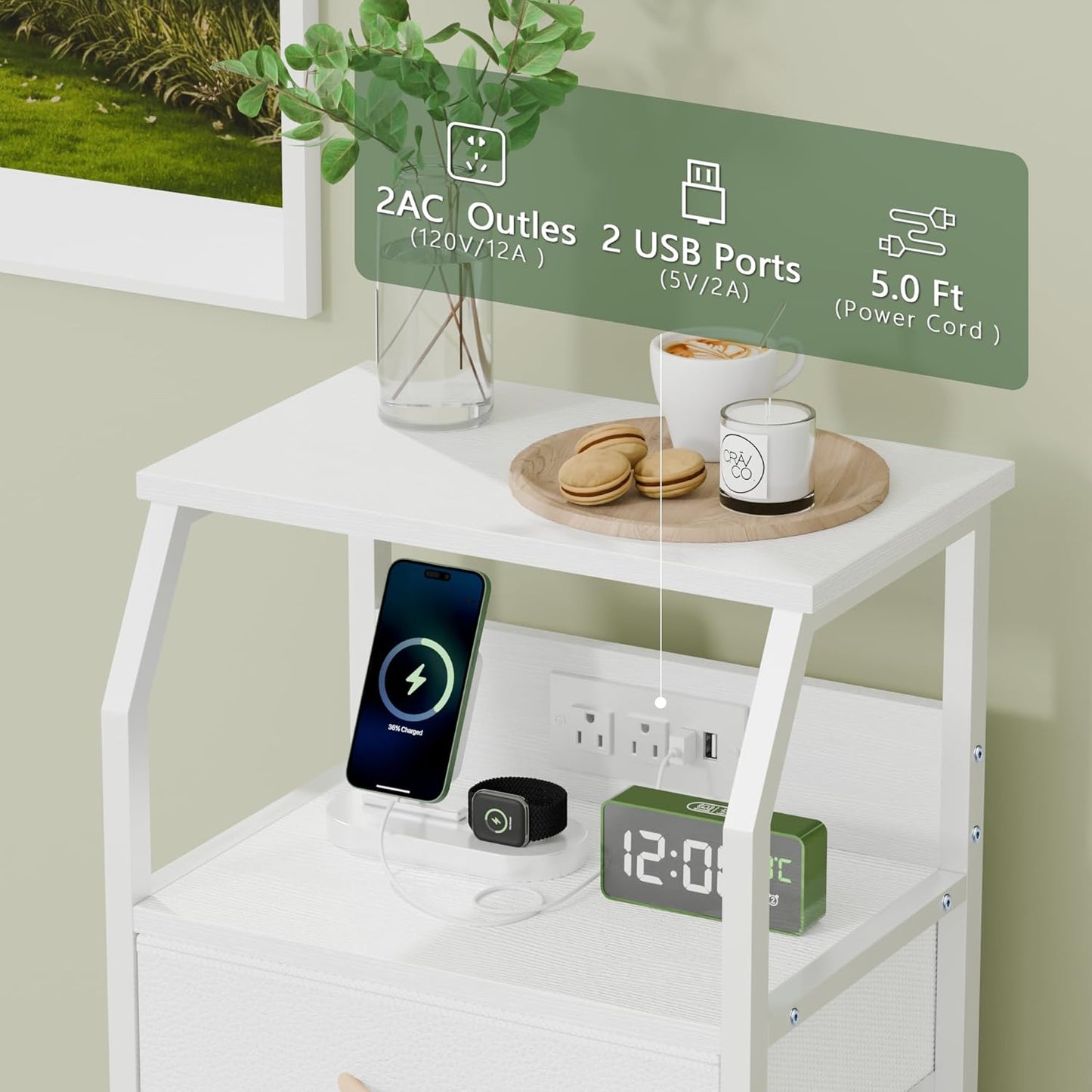 Elegant Nightstand with Integrated Charging Station, Versatile Dresser Featuring PVC and Fabric Drawers, 33.3-Inch Side Table with Open Shelf, Ideal for Bedroom, Closet, and Entryway Use, White Finish