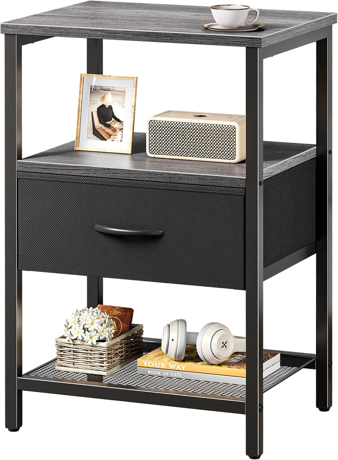 Charcoal Gray Nightstand with Fabric Drawer and Open Mesh Shelf, Metal Frame Side Table for Bedroom and Living Room