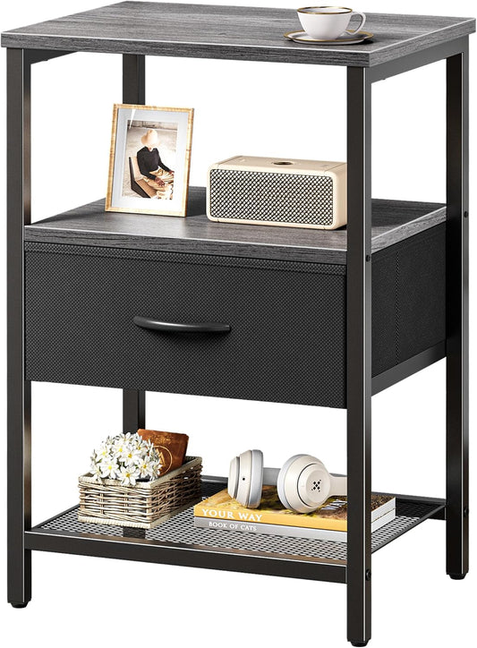 Charcoal Gray Nightstand with Fabric Drawer and Open Mesh Shelf, Metal Frame Side Table for Bedroom and Living Room