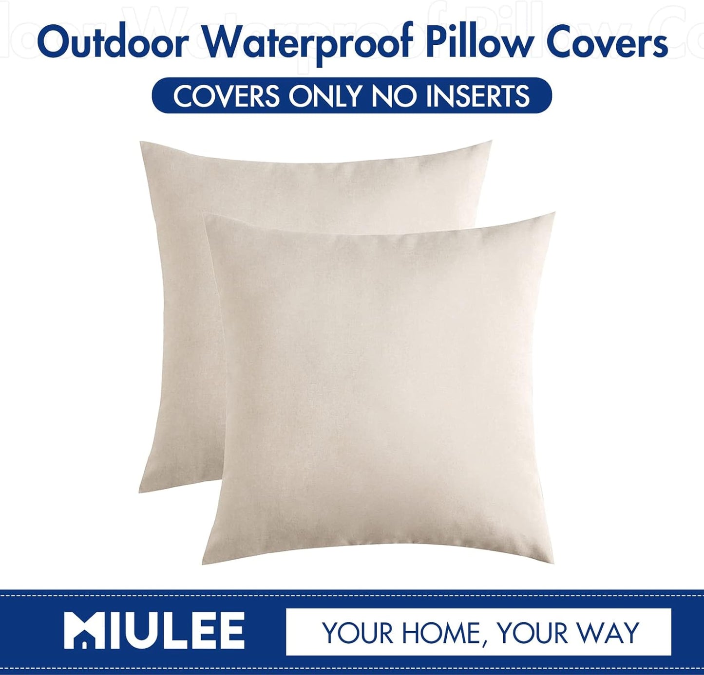 Pack of 2 Decorative Outdoor Solid Waterproof Throw Pillow Covers Faux Linen Garden Farmhouse Cushion Cases for Patio Tent Balcony Couch Sofa 18X18 Inch Beige