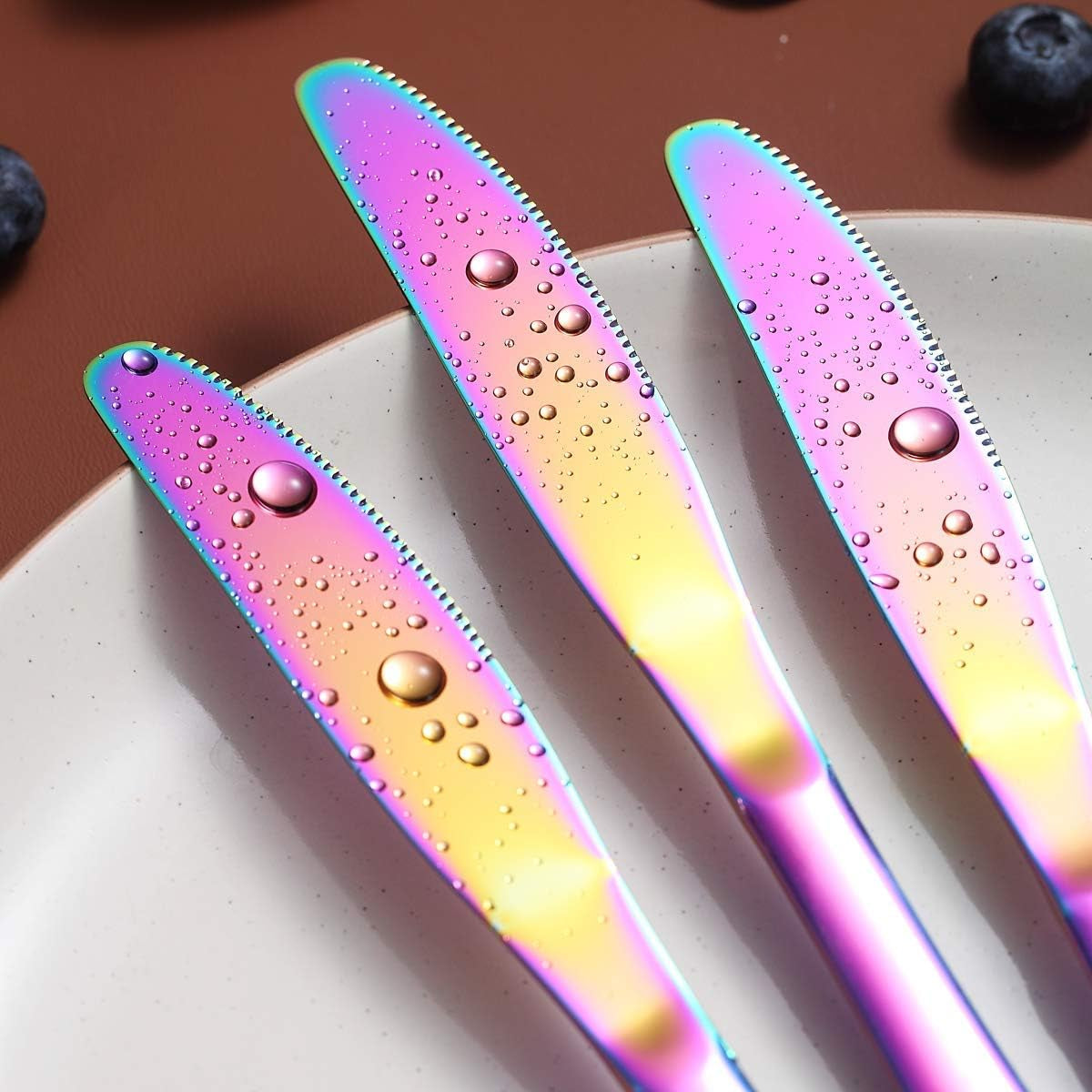 Set of 4 Rainbow Stainless Steel Dinner Knives with Titanium Plating - Colorful and Durable Table Cutlery, Dishwasher Safe