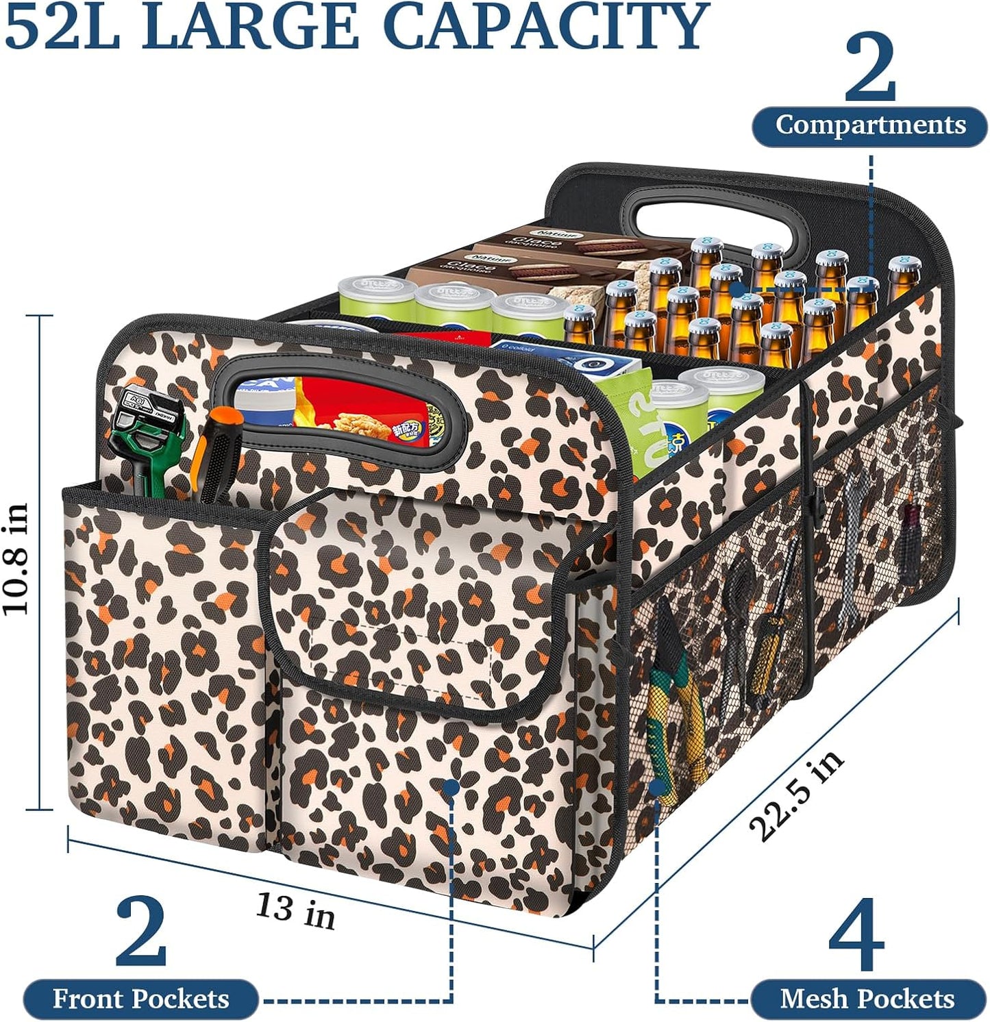 Car Trunk Organizer, Trunk Storage Organizer with Large Capacity Waterproof Collapsible Trunk Organizer for Car Suv/Jeep/Sedan (Leopard Print, Standard)