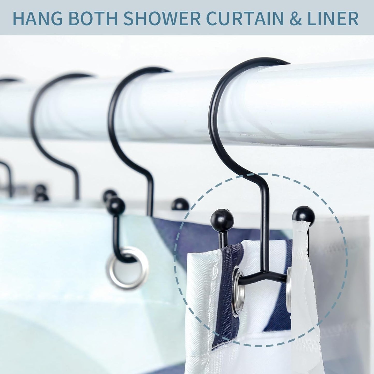 Shower Curtain Hooks, 12 Pcs Shower Curtain Rings, Durable Rust Proof Black Shower Curtain Hooks, Shower Rings for Curtain, Double Glide Shower Hooks for Shower Curtain Rods, Black